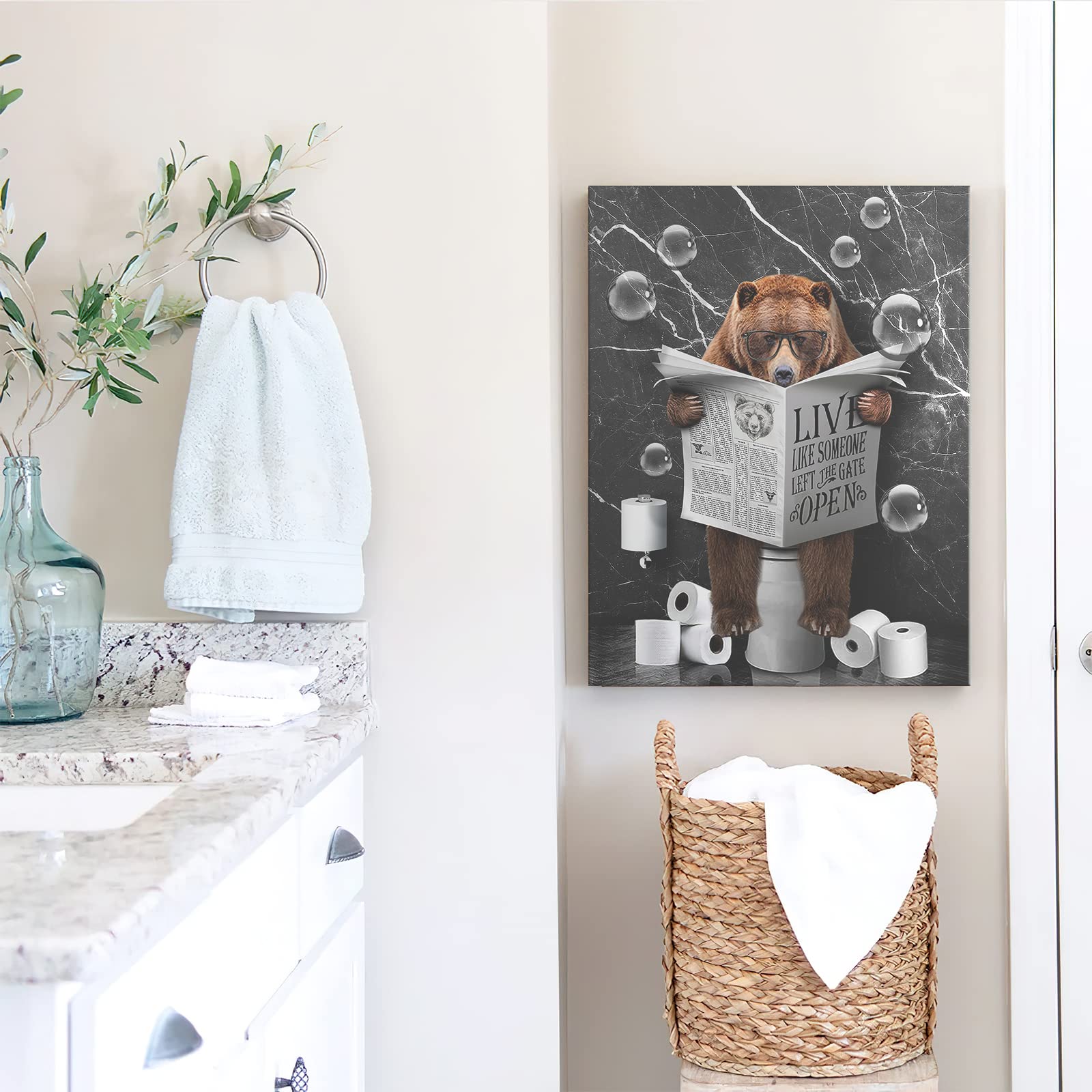 Bear Sitting In Toilet Bathroom Decor Wall Art Funny Bear Pictures Black And White Bathroom Wall Decor Farmhouse Bear Painting F