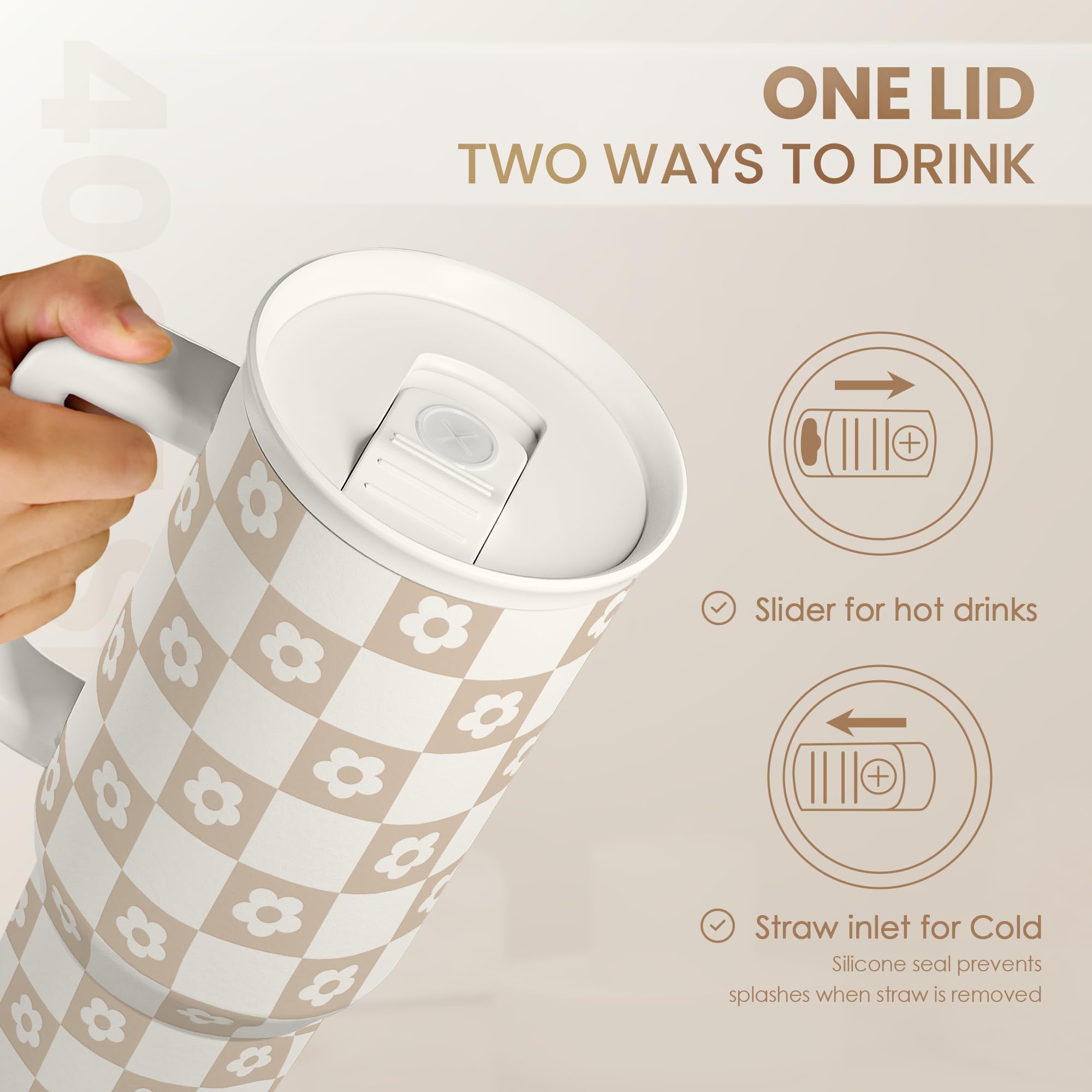 Checker Tumbler with Handle and Straw 40oz - Stainless Sleel Slider Tumbler Travel Coffee Mug for Women - Gift Idea for Birthday