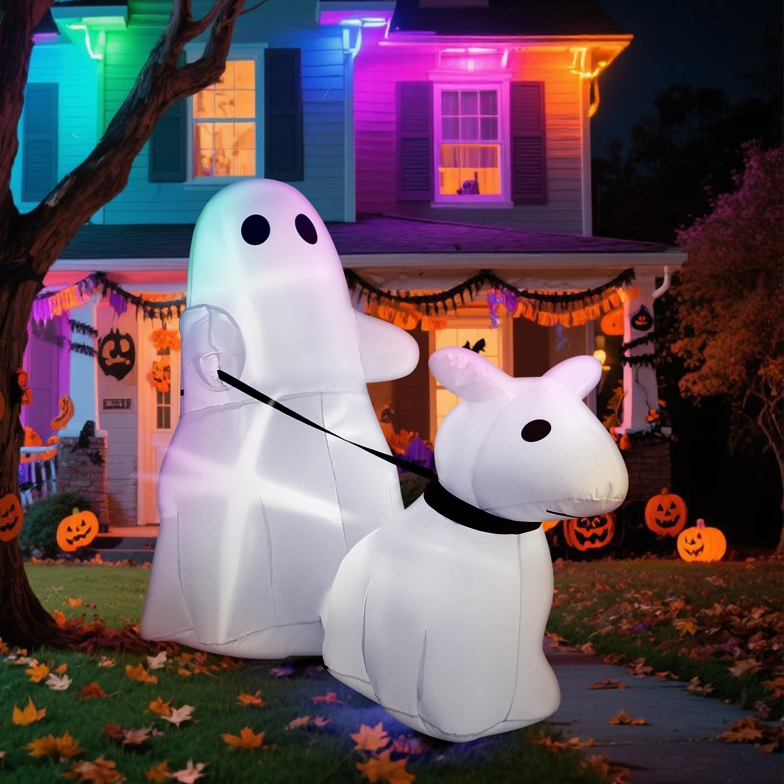 Leyndo 5 ft Halloween Inflatables Walking Ghost Dog Outdoor Decoration Halloween Blow up Yard Decorations with Built-in LED Ligh