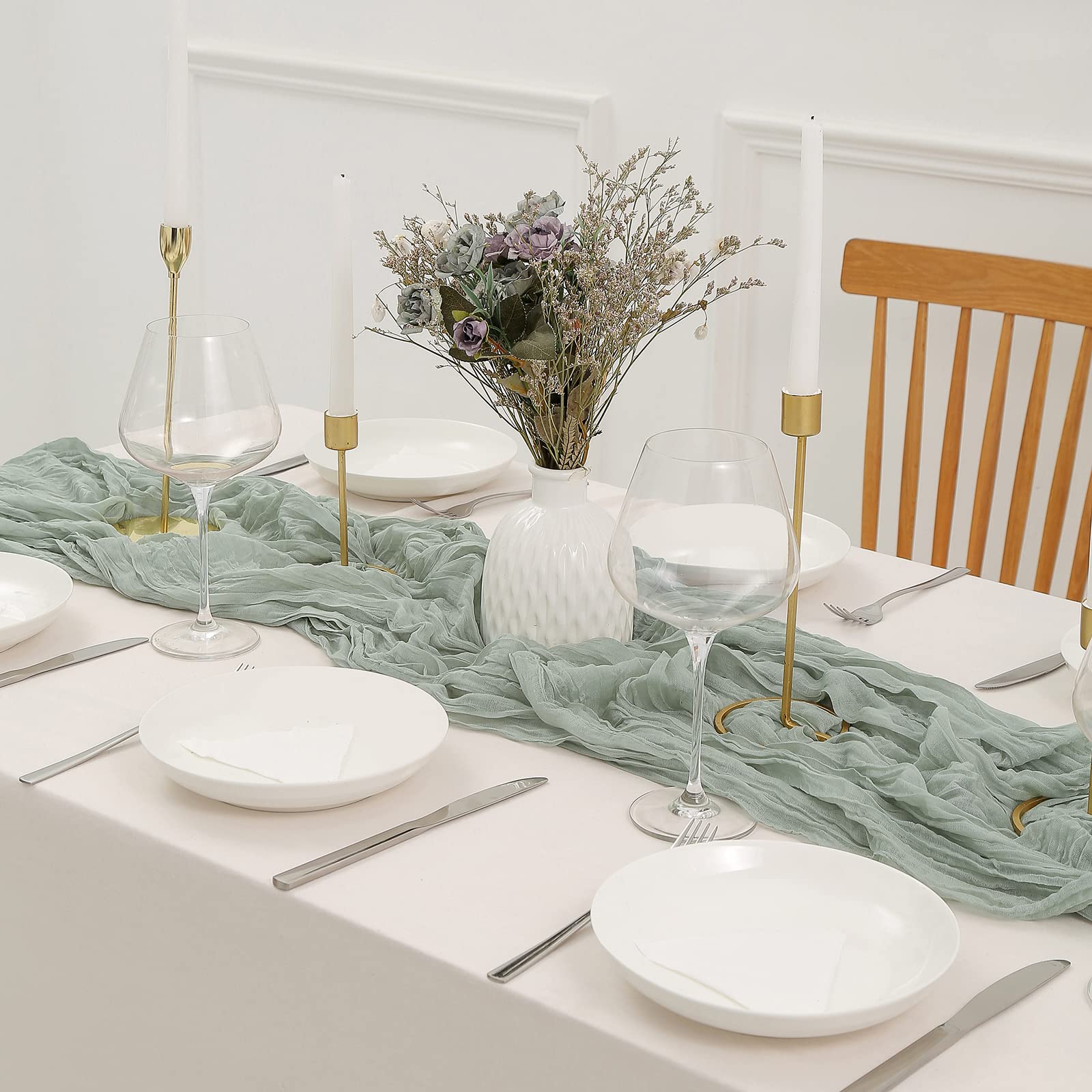 Dolopl 8Pcs Sage Green Cheesecloth Table Runner Bulk 13.3Ft Boho Gauze Cheese Cloth Table Runner Rustic Sheer Runner 160Inch Lon