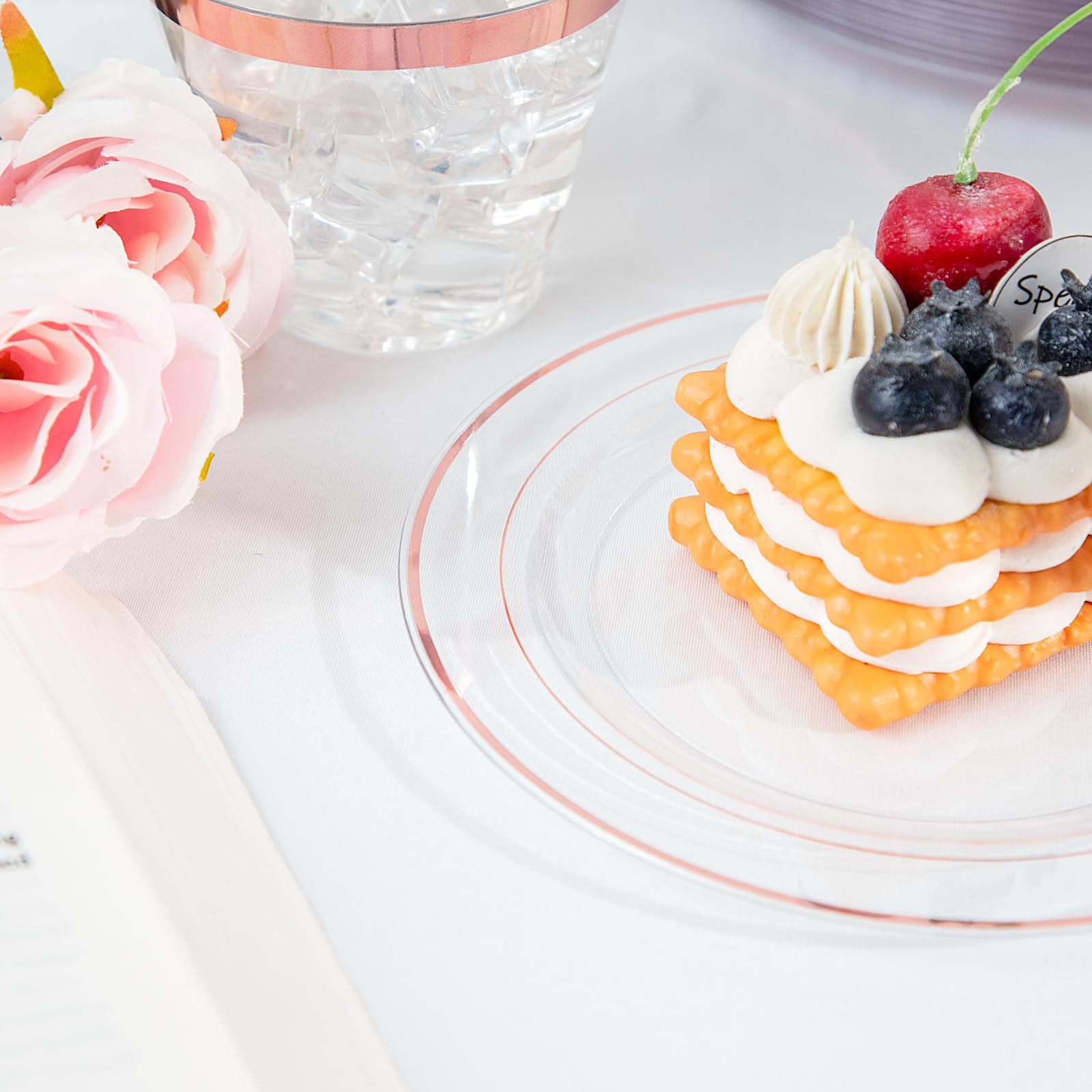 Gather 350Pcs Rose Gold Plastic Plates - Disposable Rose Gold Dinnerware Includes 100 Clear Rose Gold Rimmed Plastic Plates, 150