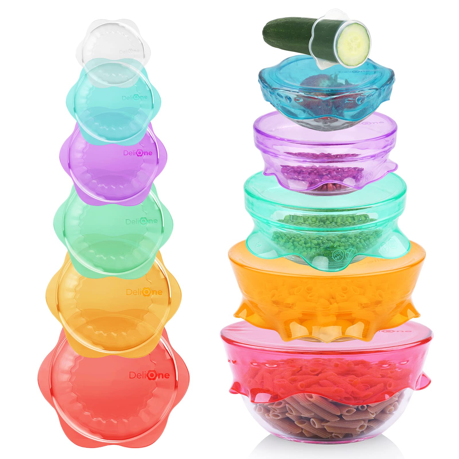 Delione Silicone Stretch Lids For Kitchen Food Storage - Durable,Reusable + Expandable Bowl Covers For Cup Or Square Containers,