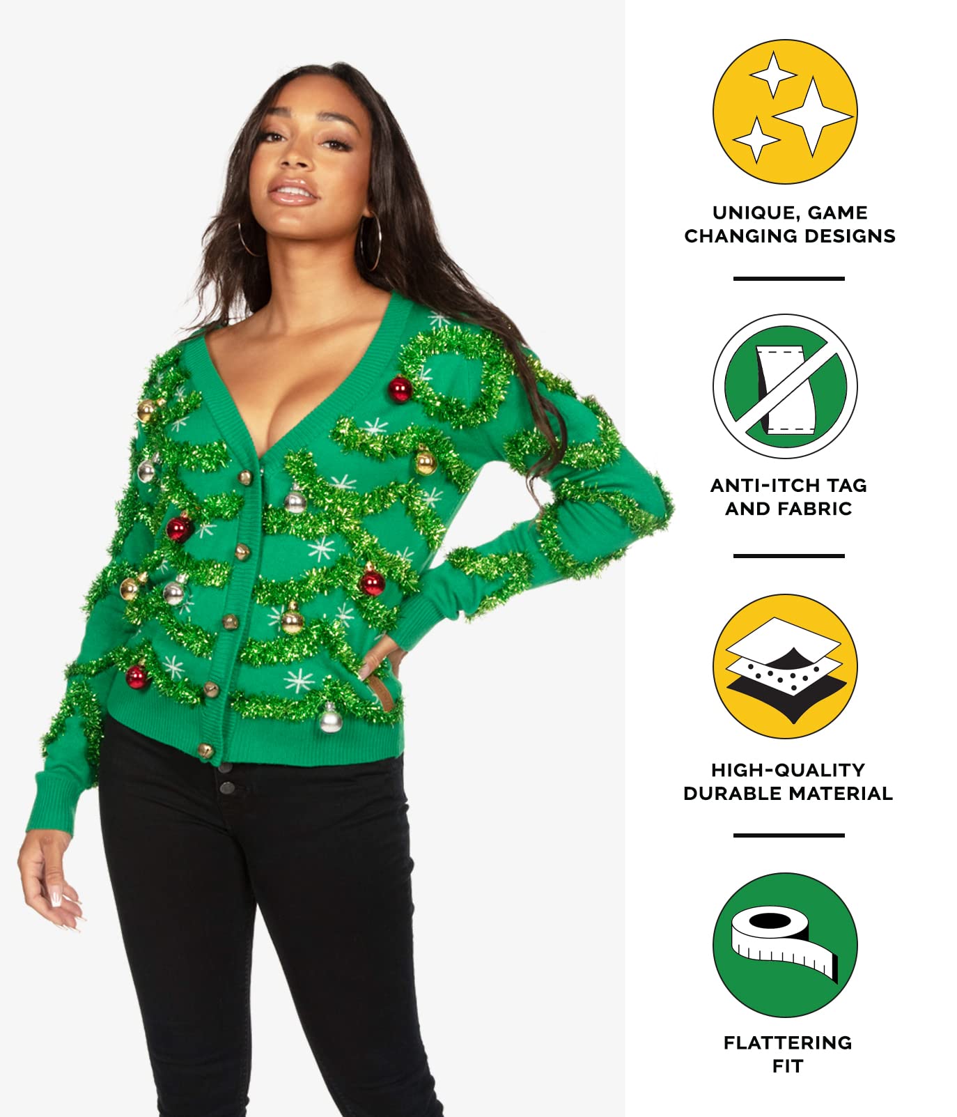 Tipsy Elves Womens Sequin V-Neck Long Sleeve Sweater Candy Cane Lane (Black)