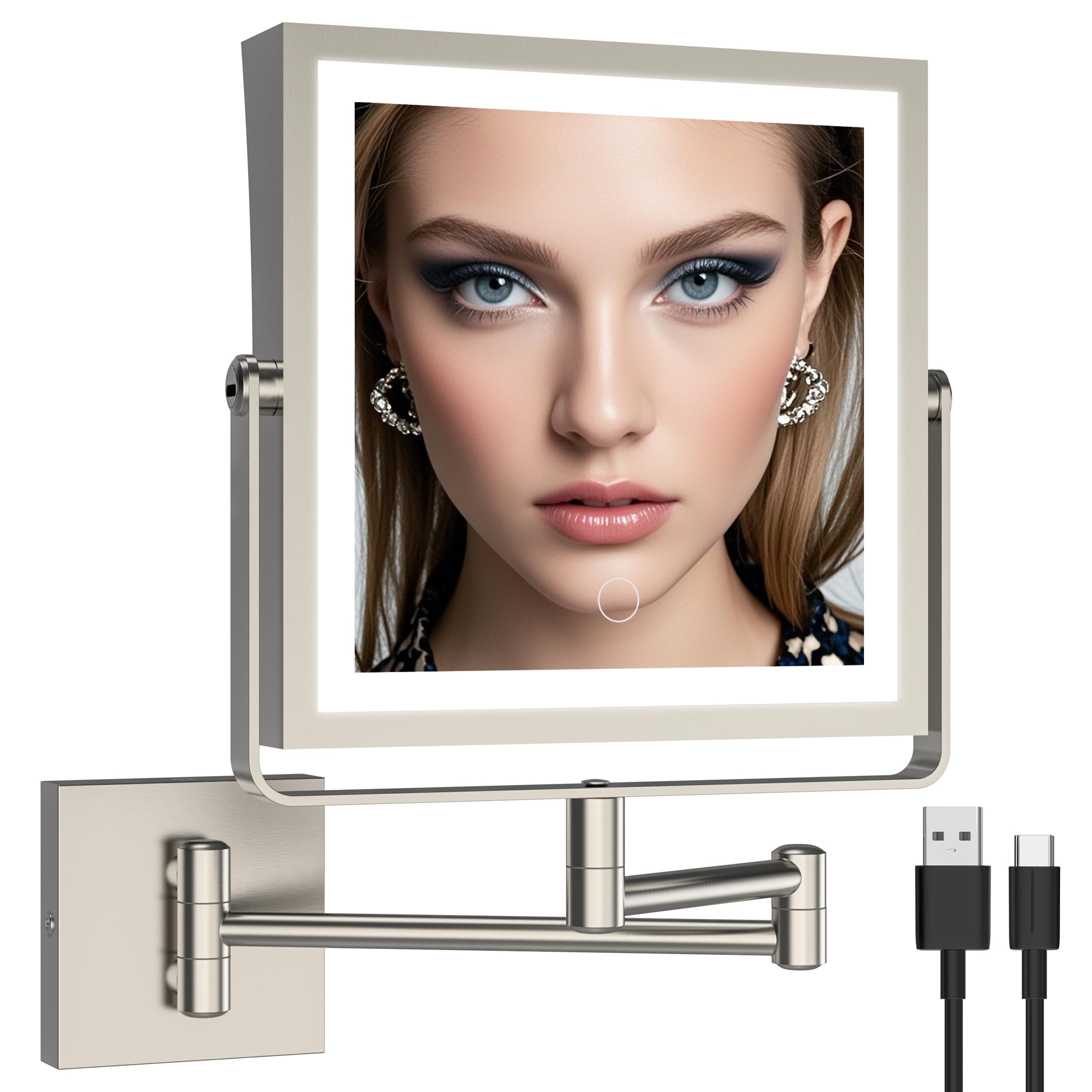 Ruacq Rechargeable Wall Mounted Makeup Mirror With Lights, Double Sided 1X/10X Magnifying Vanity Mirror With 3 Color Light, Touc