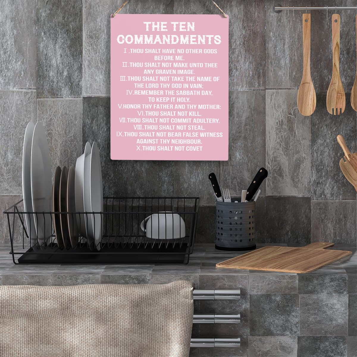 YCYD Ten Commandments Desk Decor Poster, Christian Bible Verse Religious Home Rustic Wooden Box Sign for Living Room Bedroom Off