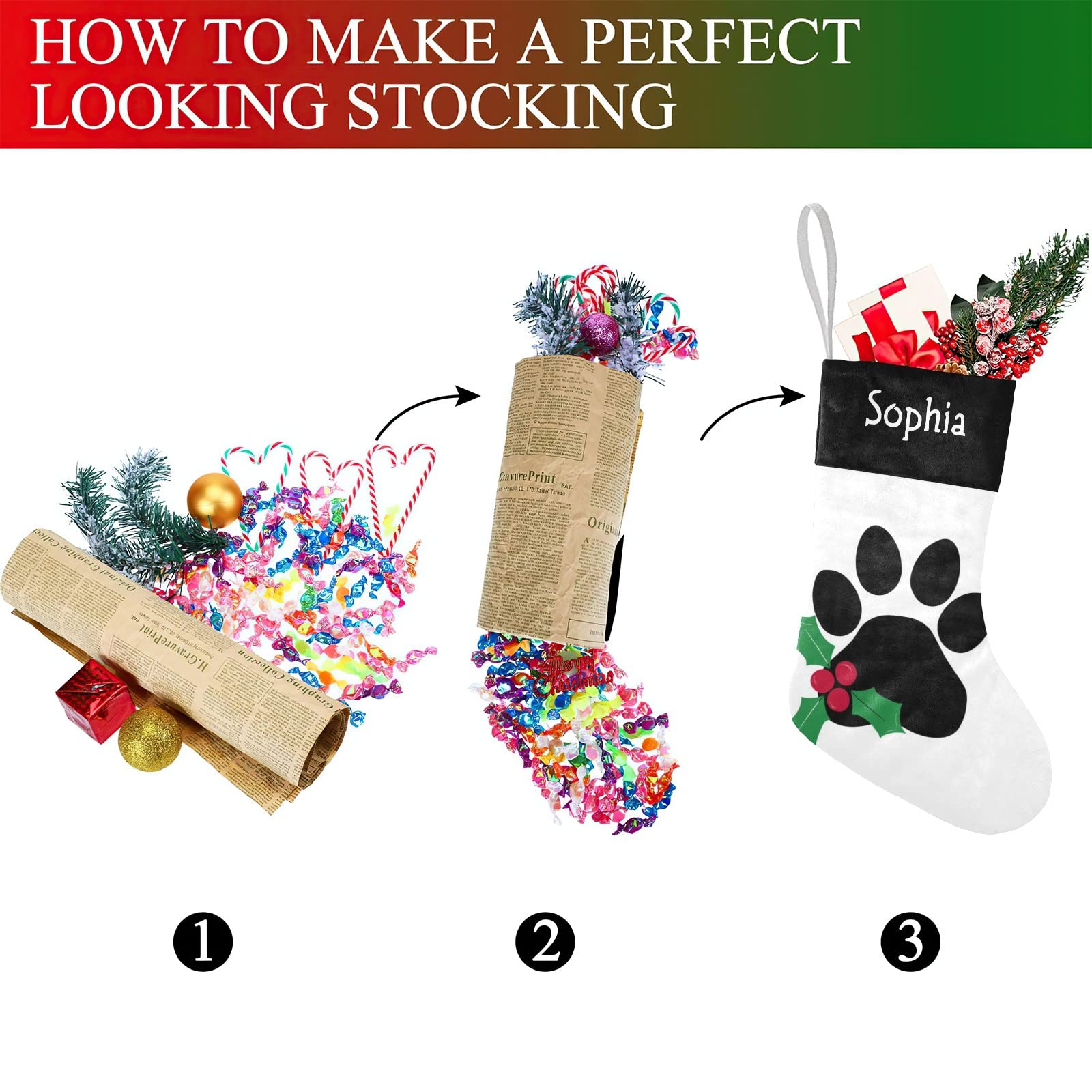 SunFancyCustom Personalized Name Christmas Paw Christmas Stockings Text Custom Xmas Holiday Pup Dog Gift Decor 17.52 x 7.87 Inch