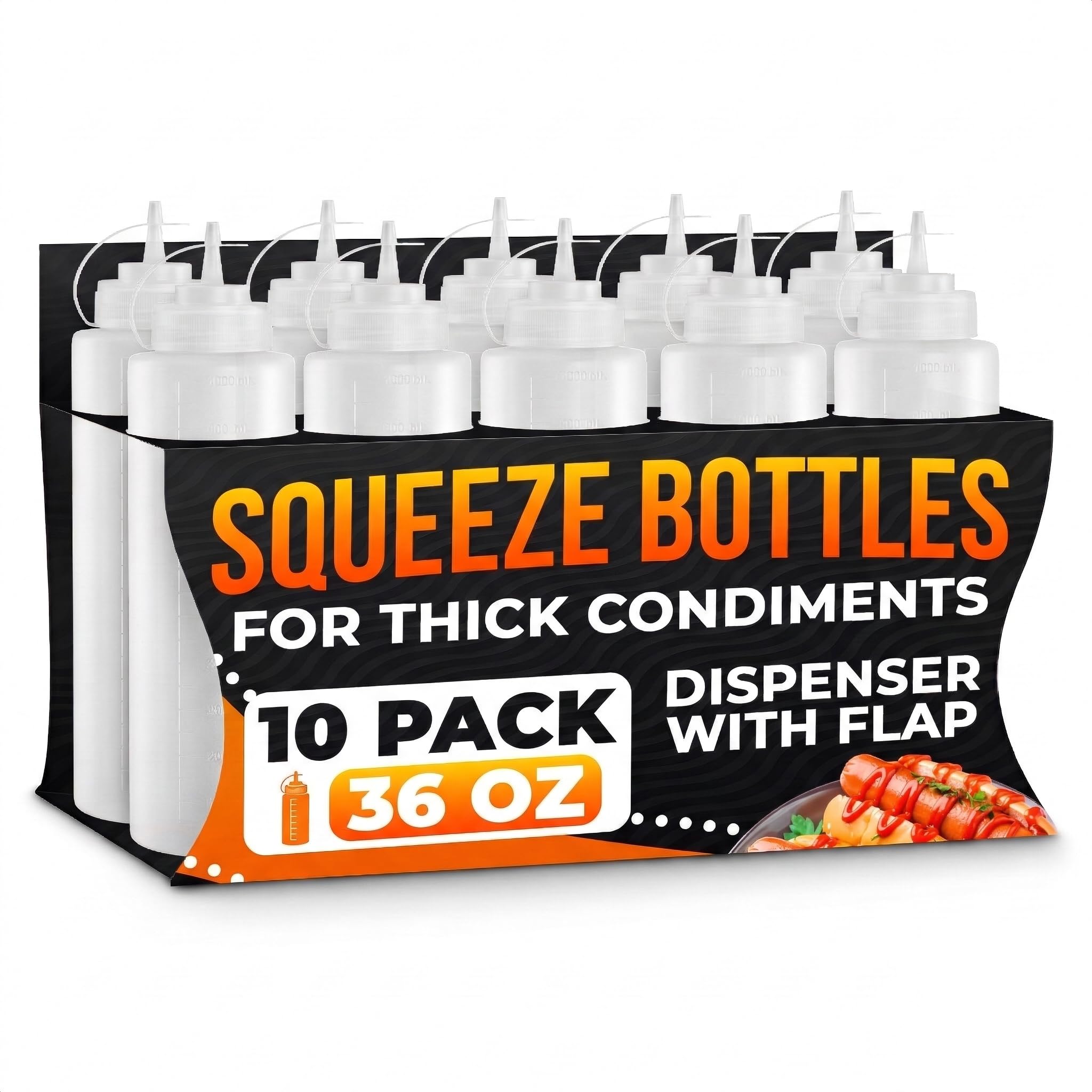 10-Pack Plastic Condiment Squeeze Bottles 36 oz - Refillable Squirt Bottles with Narrow Tip, Leak-Resistant | Great for Oil, Sau