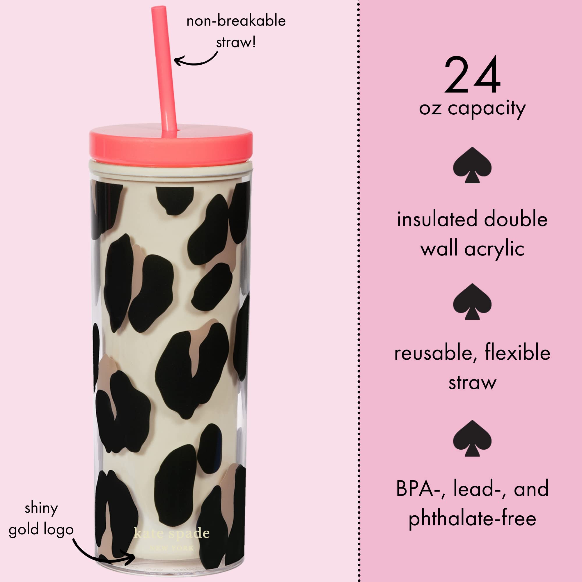 Kate Spade New York Insulated Tumbler With Reusable Straw, Leopard Print 24 Ounce Acrylic Travel Cup With Lid, Forest Feline