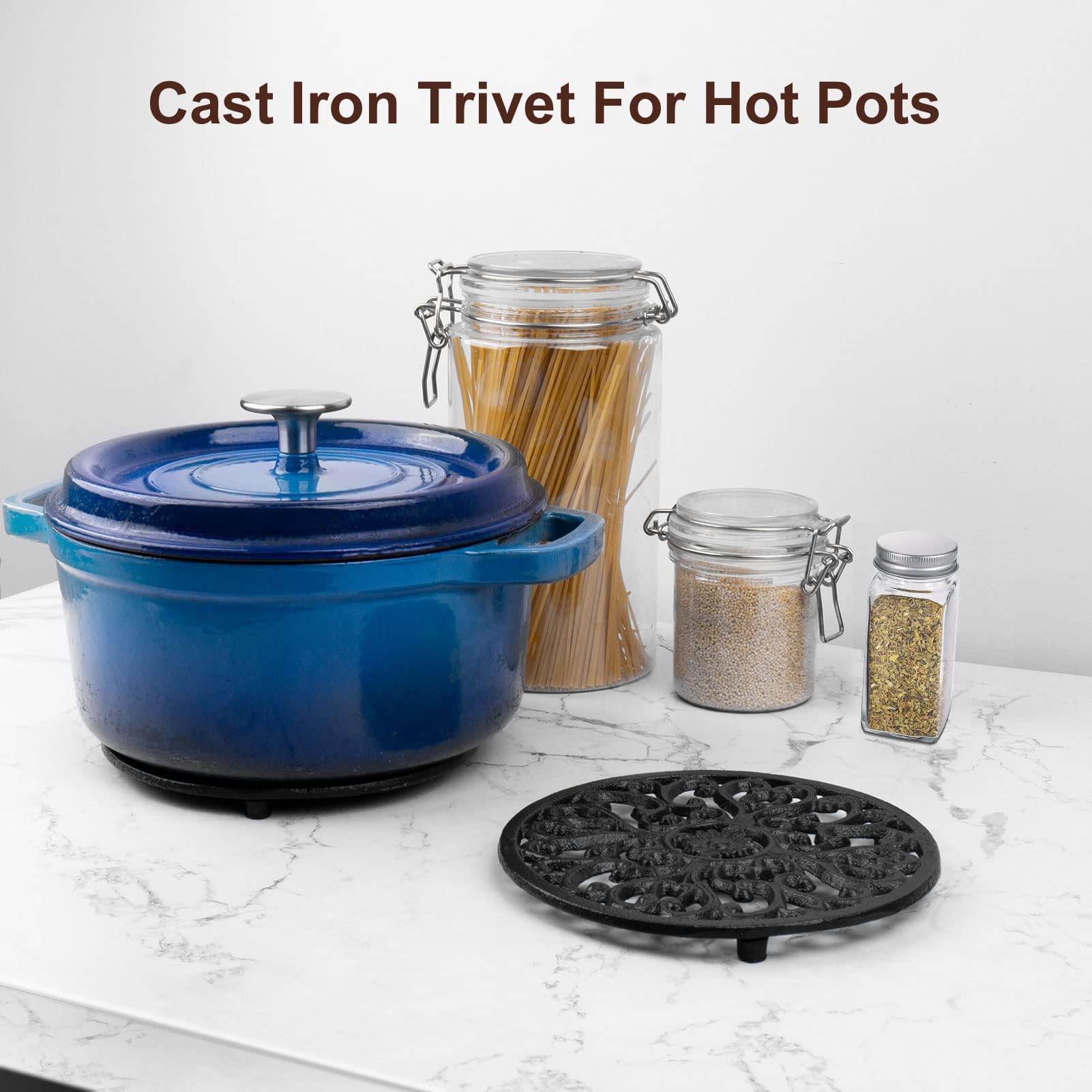 Herngee 2 Pack Round Cast Iron Trivet, 6.7 Inch Heavy-Duty Trivets For Hot Dishes, Pots And Pans, With Rubber Feet Non-Slip, Rus