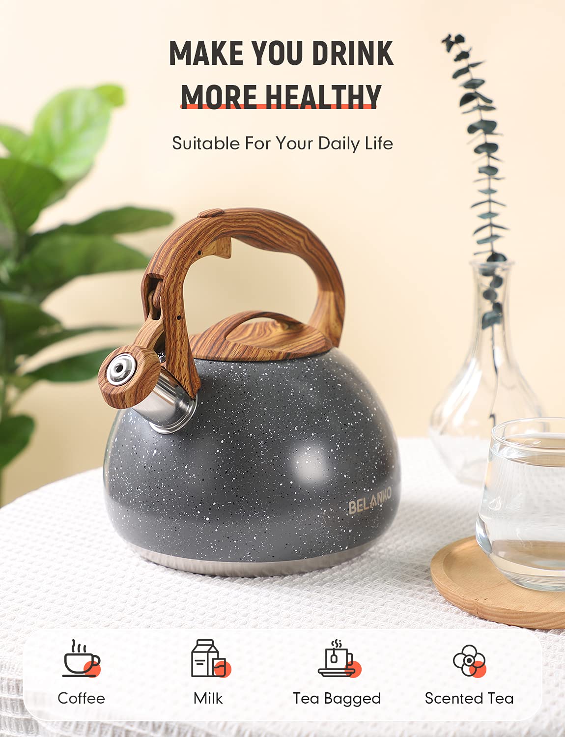 Tea Kettle, 2.7 Quart Belanko Teapot For Stovetops Wood Pattern Handle With Loud Whistle Food Grade Stainless Steel Tea Pot Wate