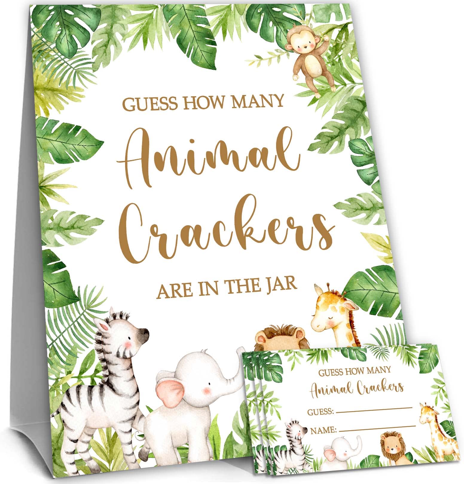 Safari Jungle Guessing Game Cards, How Many Animal Crackers Guessing, 50 Cards and Matching Sign, Safari Animal Baby Shower