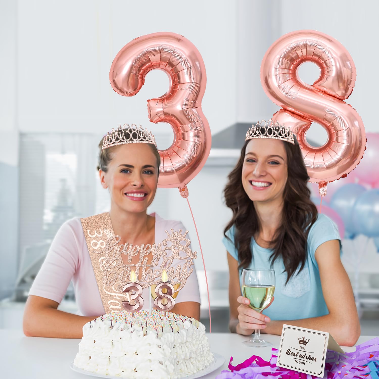 38Th Birthday Decorations For Women Including 38Th Birthday Sash, Tiara/Crown, Number 38 Candles And Cake Topper, Rose Gold 38 B
