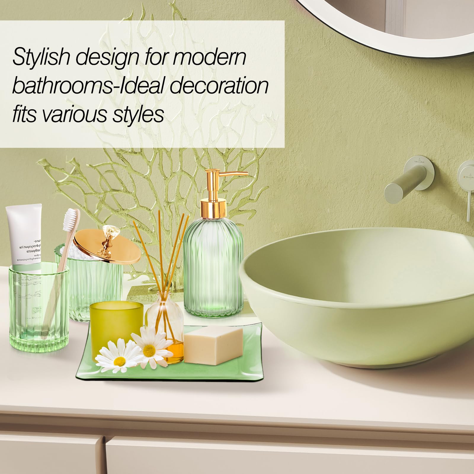 Glass Bathroom Accessories Set, 4 Pieces, Lotion Dispenser, Soap Dispenser, Toothbrush Holder, Cotton Swab Jar, Vanity Tray, Gre