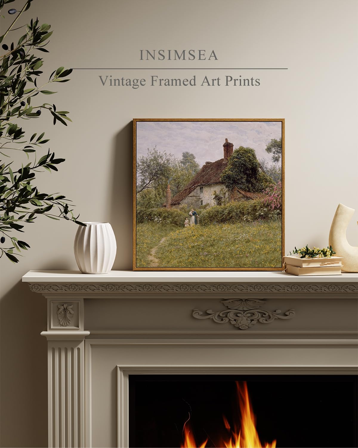 Insimsea Square Framed Canvas Wall Art, Vintage Landscape Prints Old Cottages Countryside Landscape Large Canvas Wall Art, Rusti