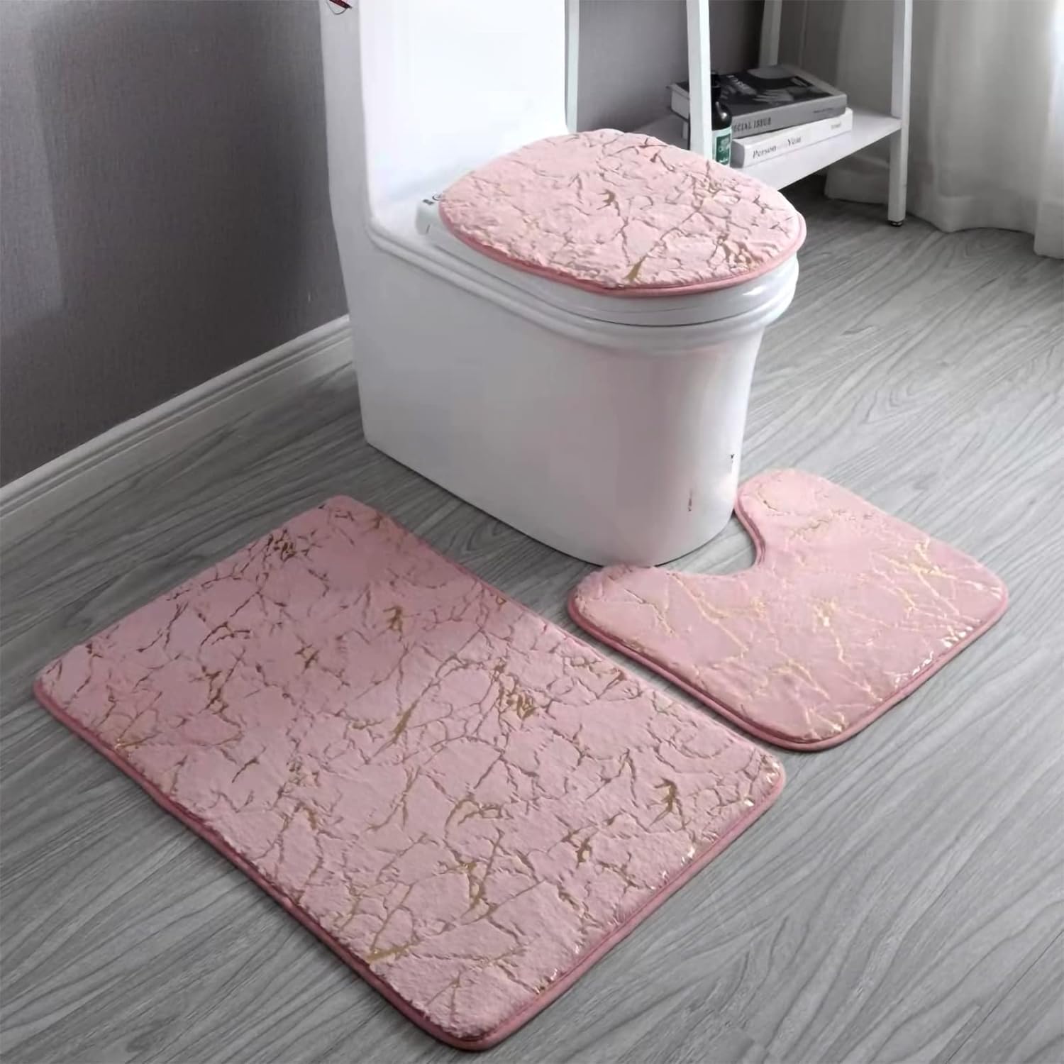 Marble Bathroom Rugs and Mats Set 3 Piece Nonslip Pink Bathroom Mats Soft Washable Bath Mat for Bathroom Floor Mats Carpet Water Absorbent Shower Rug with U-Shaped Contour Rug Toilet Lid Cover