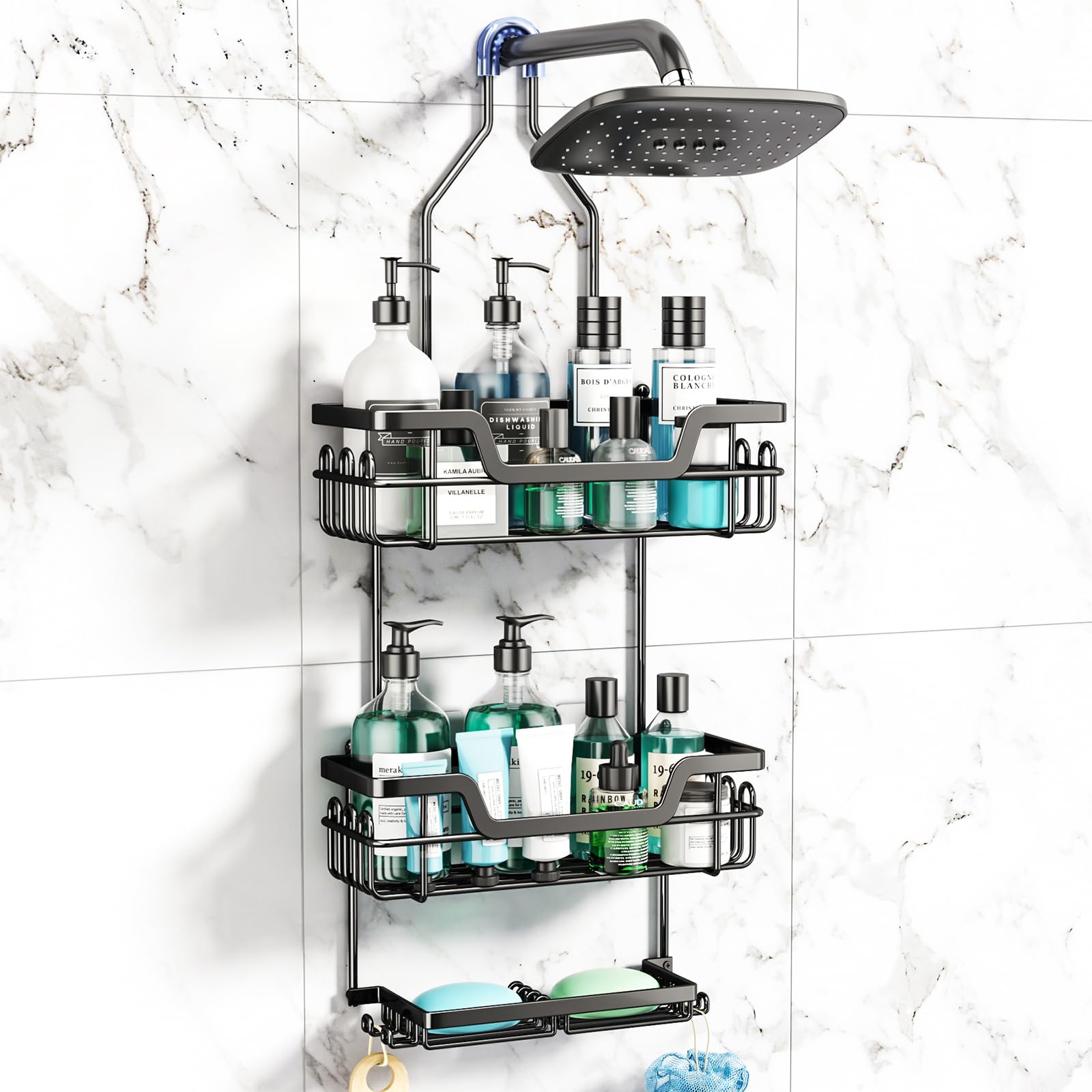 Swtymiki Hanging Shower Caddy, 3 Tier Rustproof Shower Organizer Over Shower Head With 16 Hooks & Dual Soap Holder, Large Capaci