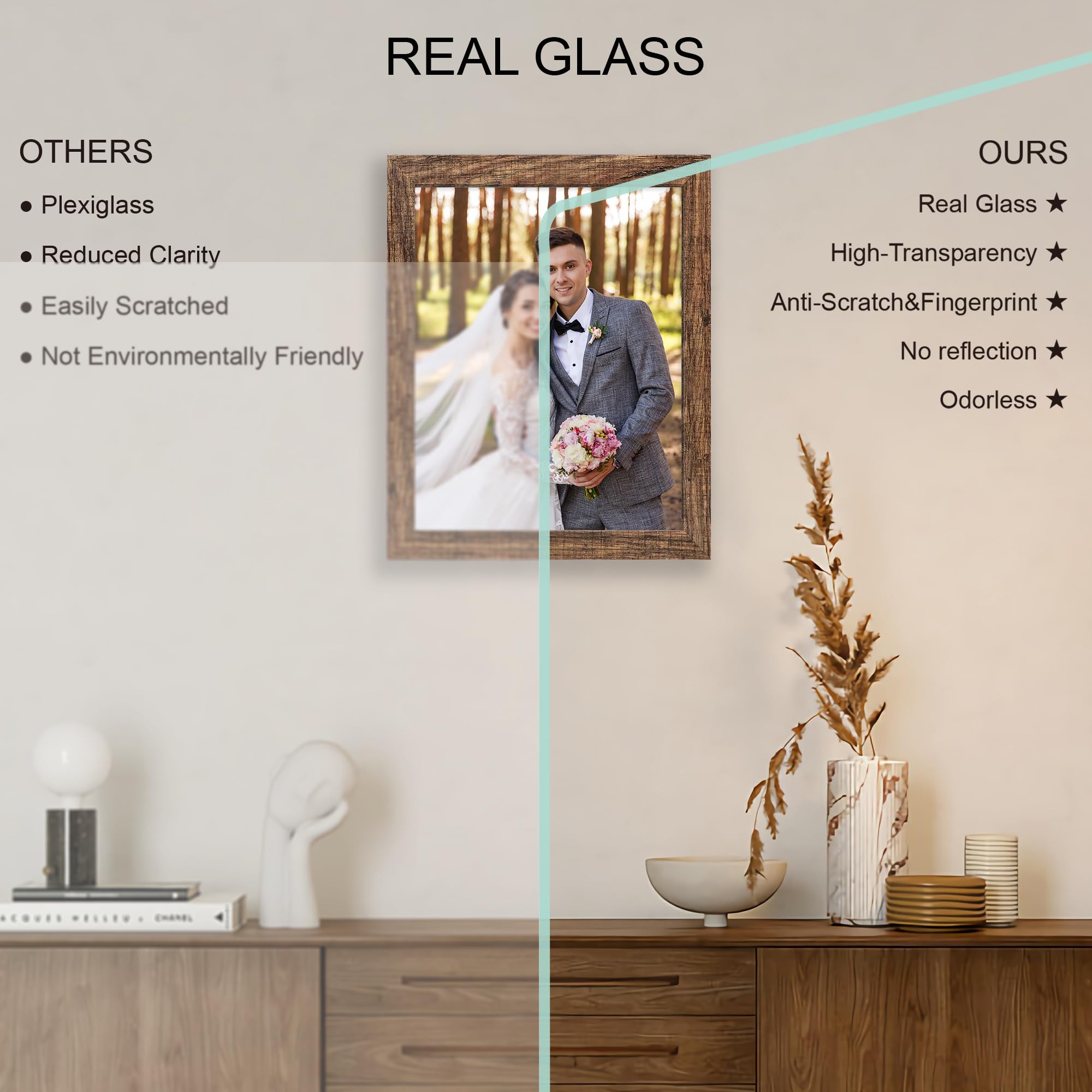 Hongkee 10x13 Picture Frame Set of 4, Made of Real Glass and Rustic Brown Frame, 10 by 13 Photo for Wall or Tabletop - Display P