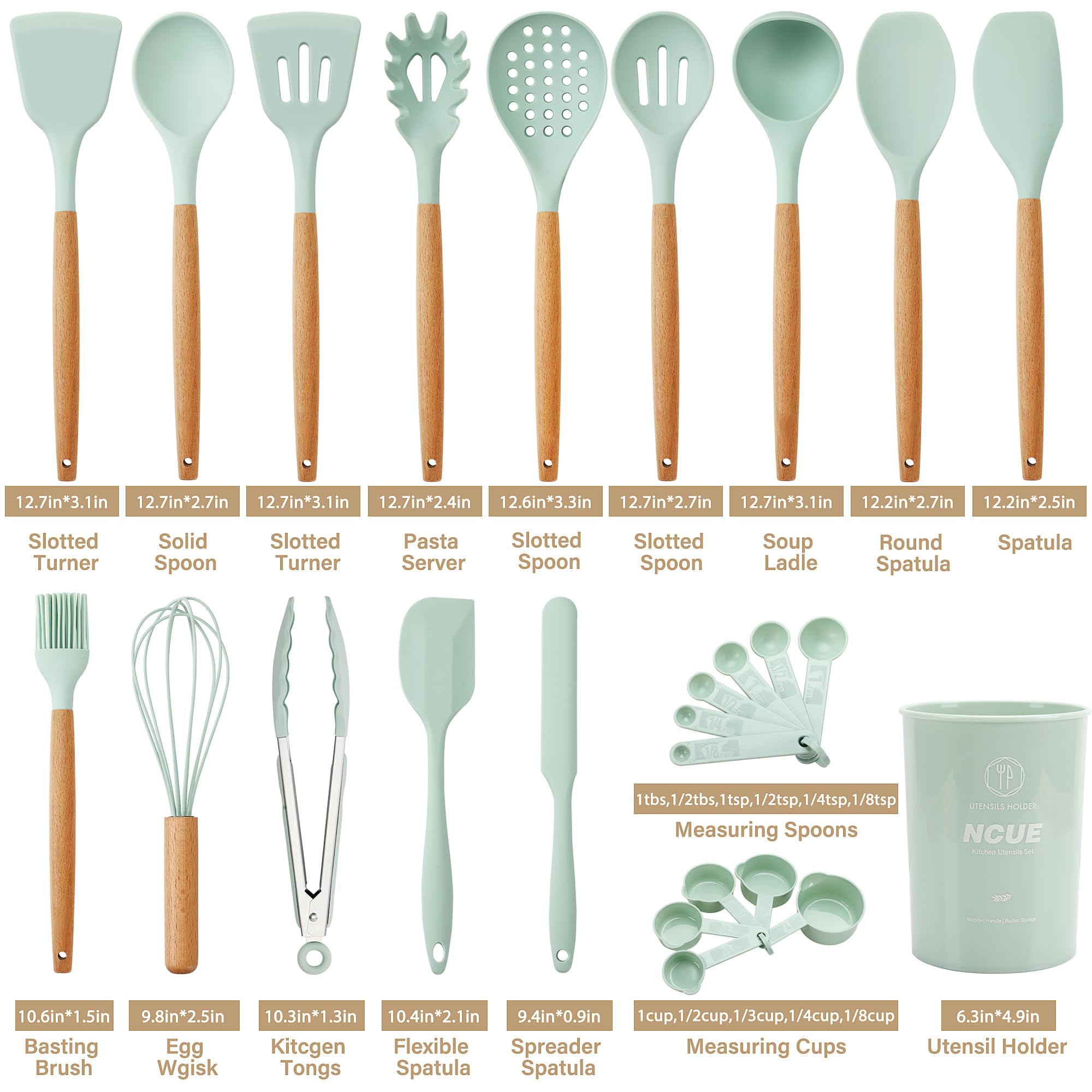 Ncue Kitchen Utensils Set, 26 Pcs Bpa Free Non-Stick Silicone Cooking Kitchen Utensils Set With Holder, Wooden Handle Heat Resis
