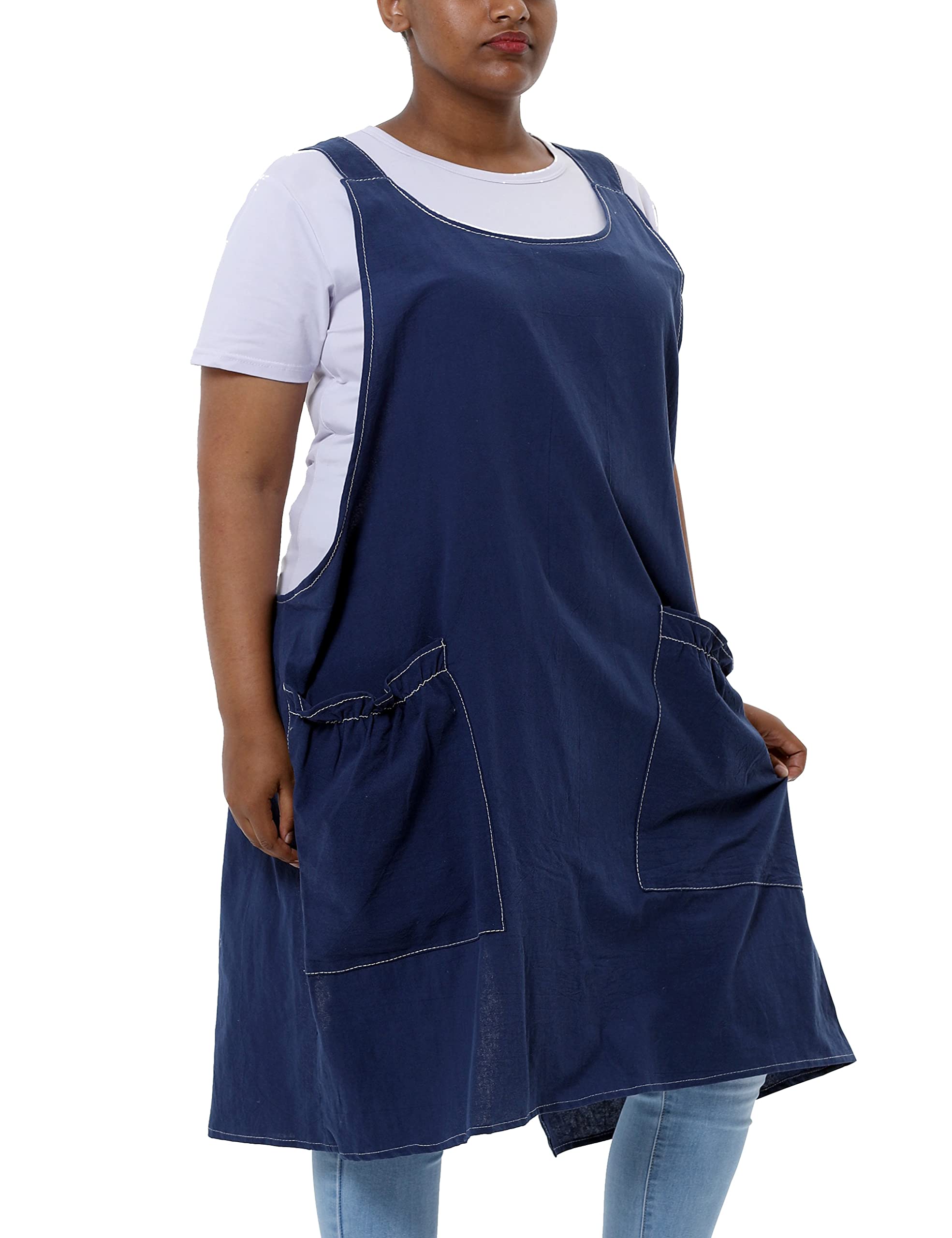 APRONNER Cross Back Plus Size Linen Aprons for Women with Pockets Blend Dress for Baking Cooking Gardening Works Navy Blue