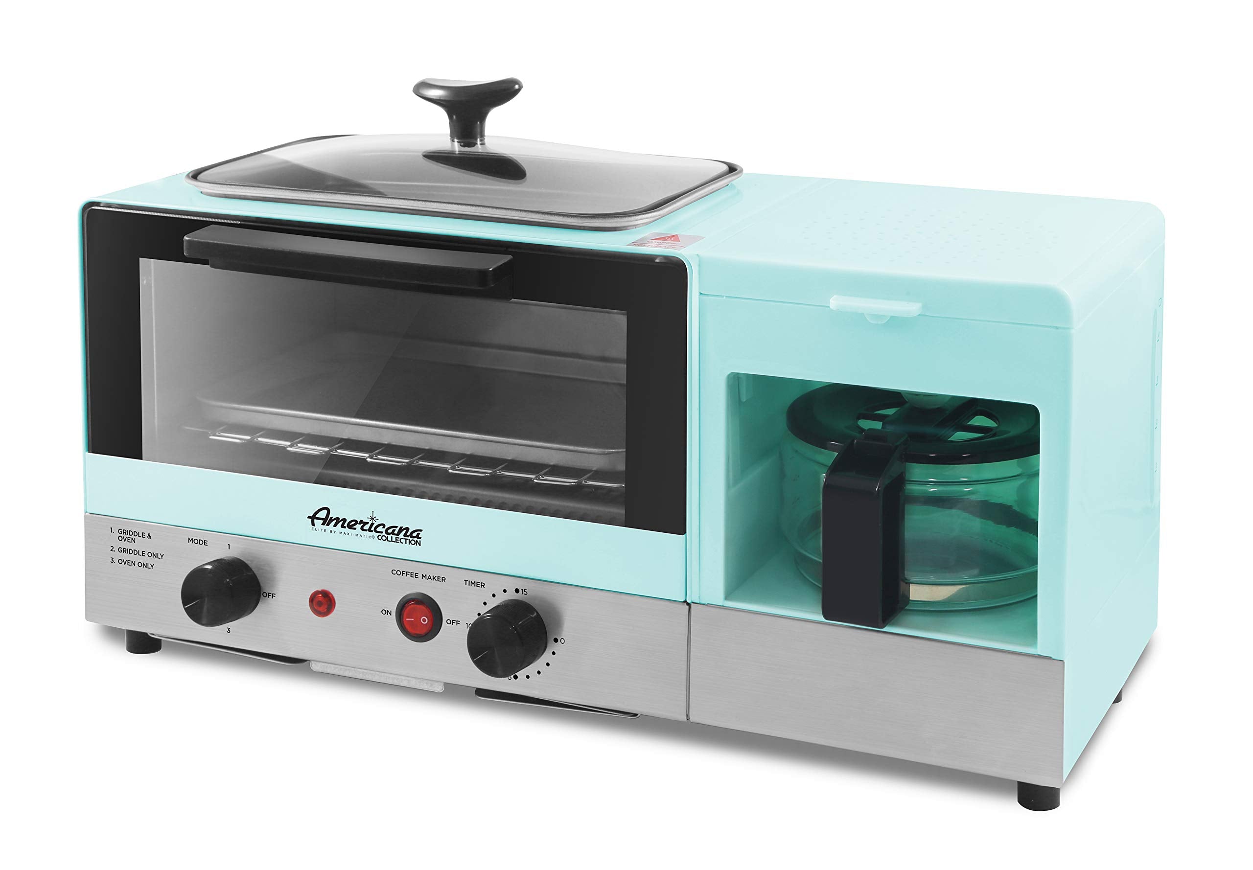 Elite Gourmet Americana 2 Slice, 9.5 Griddle With Glass Lid, 3-In-1 Breakfast Center Station, 4-Cup Coffeemaker, Toaster Oven