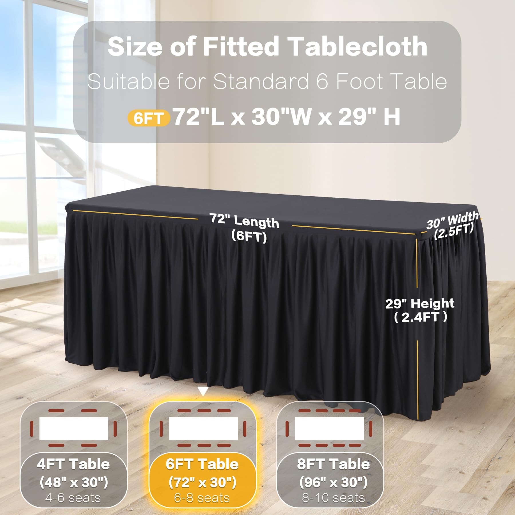 3 Pack Black Polyester Table Clothes For 6 Foot Rectangle Tables, Wrinkle Free Fitted Table Cover With Pleated Ruffle Table Skir