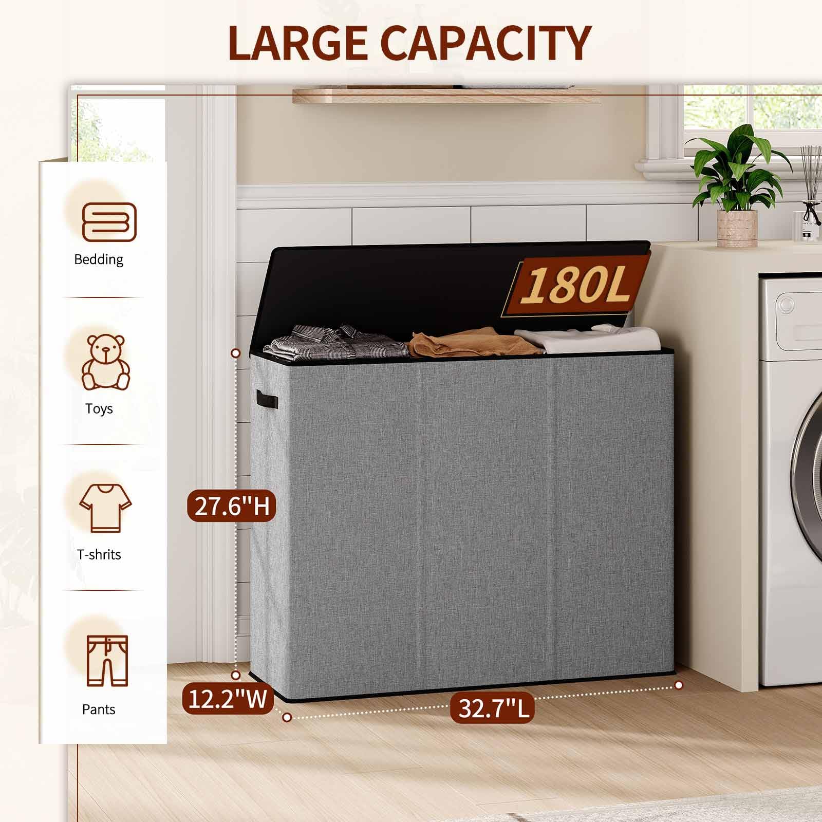 Relefree Laundry Hamper 3 Section,180L Large Laundry Basket For Laundry Sorting,Clothes Hamper With 3 Removable Bags,Laundry Ham