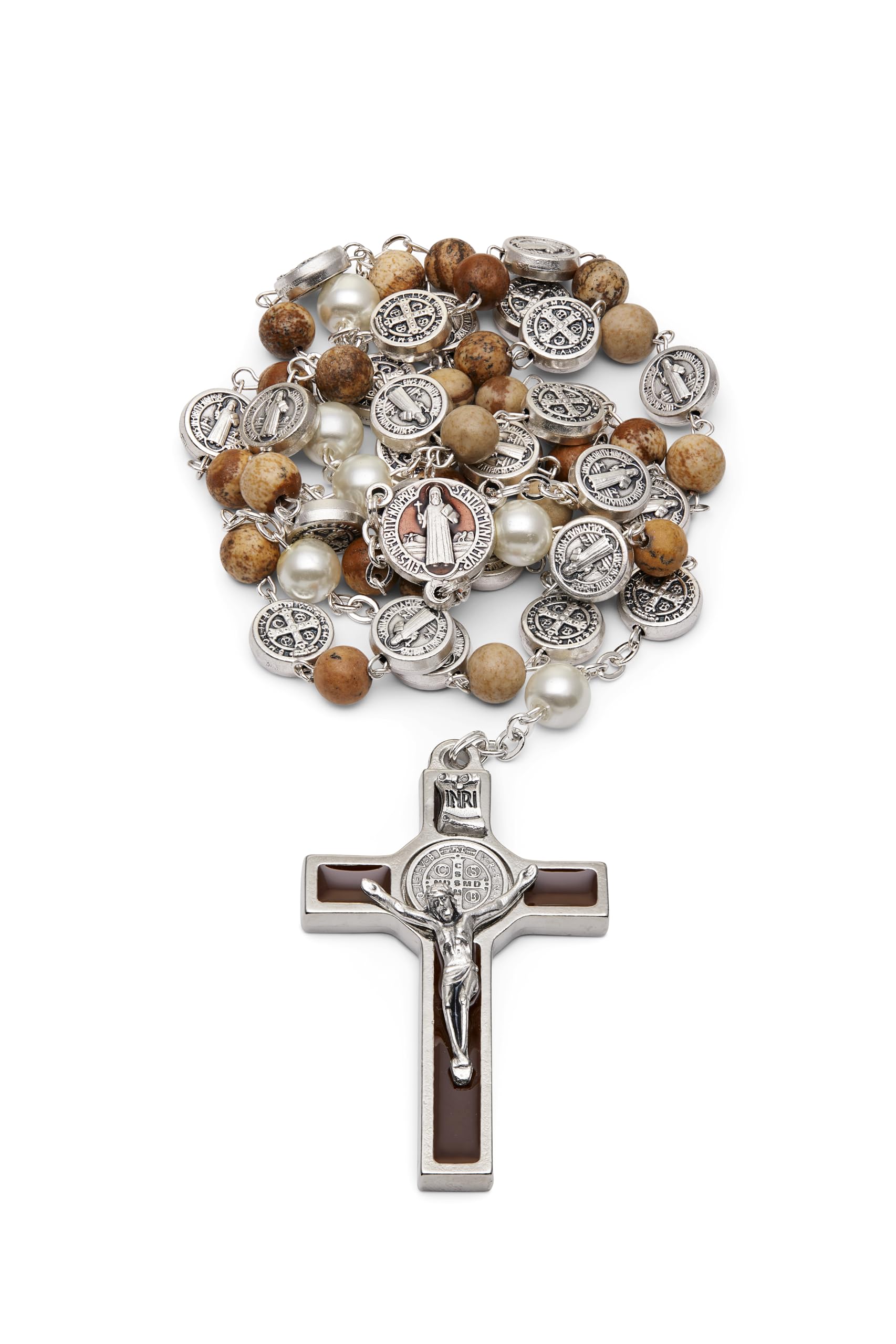 Mondo Cattolico Rosary Beads, Our Father Pearl Beads Round Enameled St. Benedict Centerpiece and Crucifix - Rosarios Catolicos R