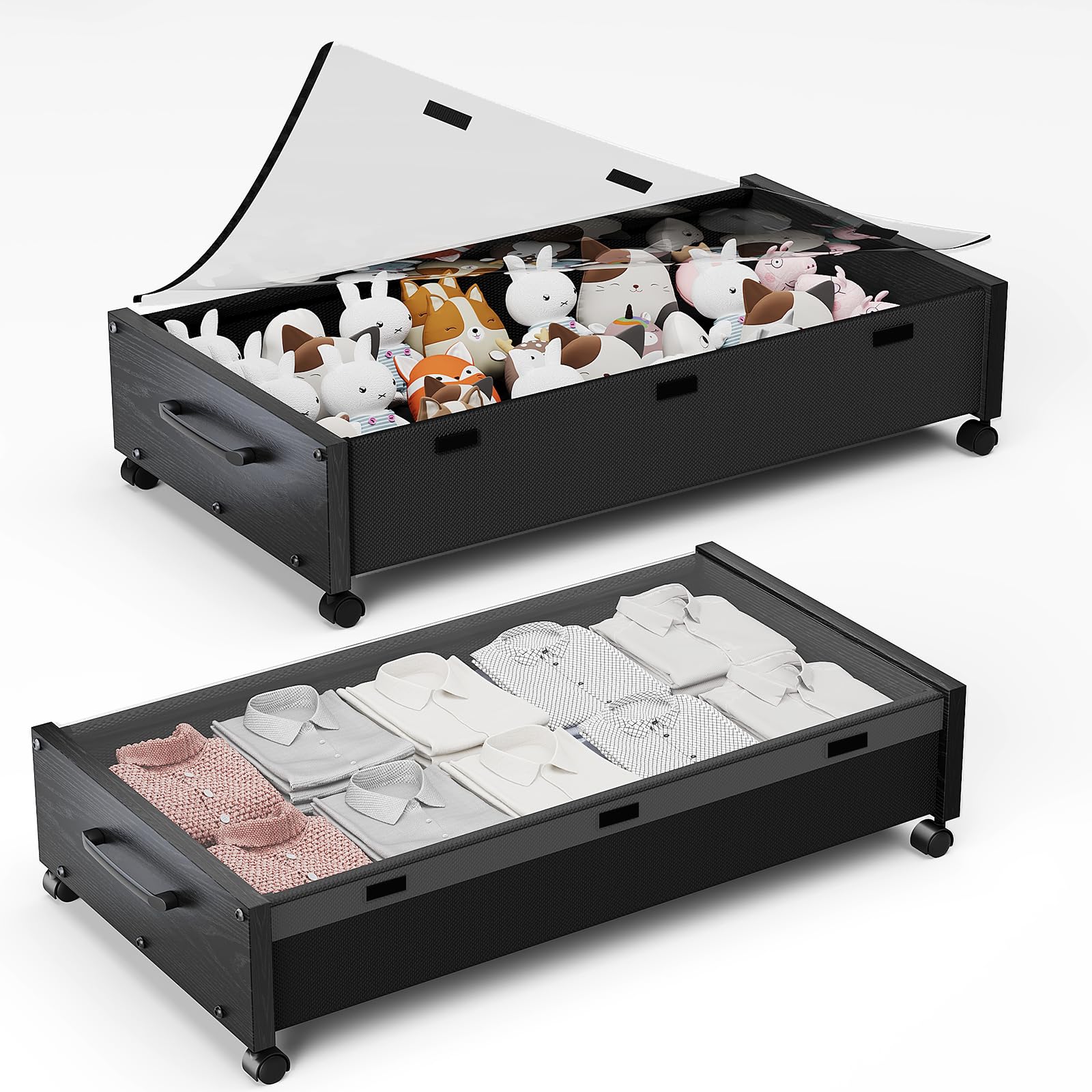 KITHELP Under Bed Storage with Wheels, Wooden Under Bed Drawers 2 Packs, Rolling Underbed Storage Containers Organizer with Hand