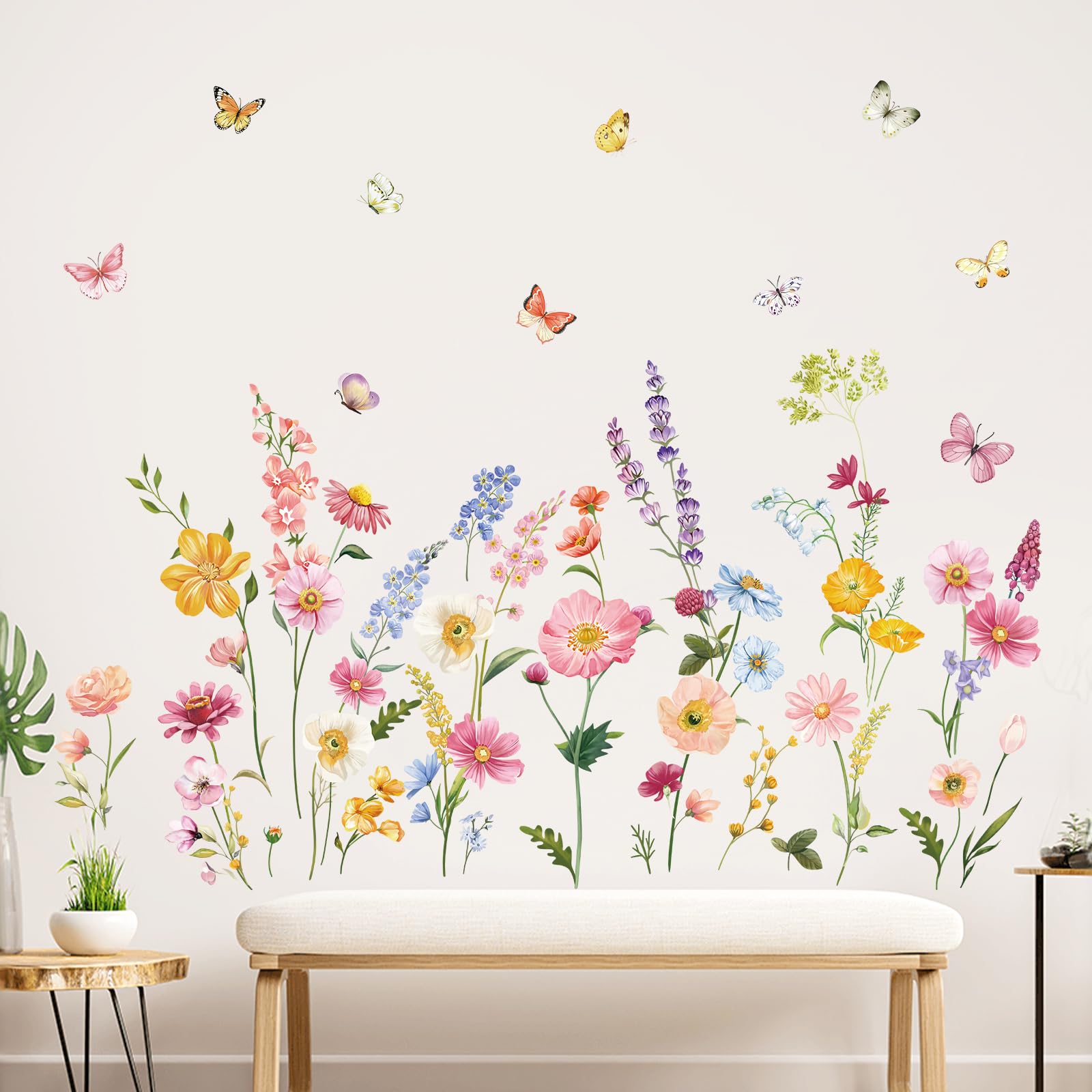 Decalmile Flower Wall Decals Daisy Wildflower Grass Butterflies Wall Stickers Girls Bedroom Living Room Home Office Wall Decor