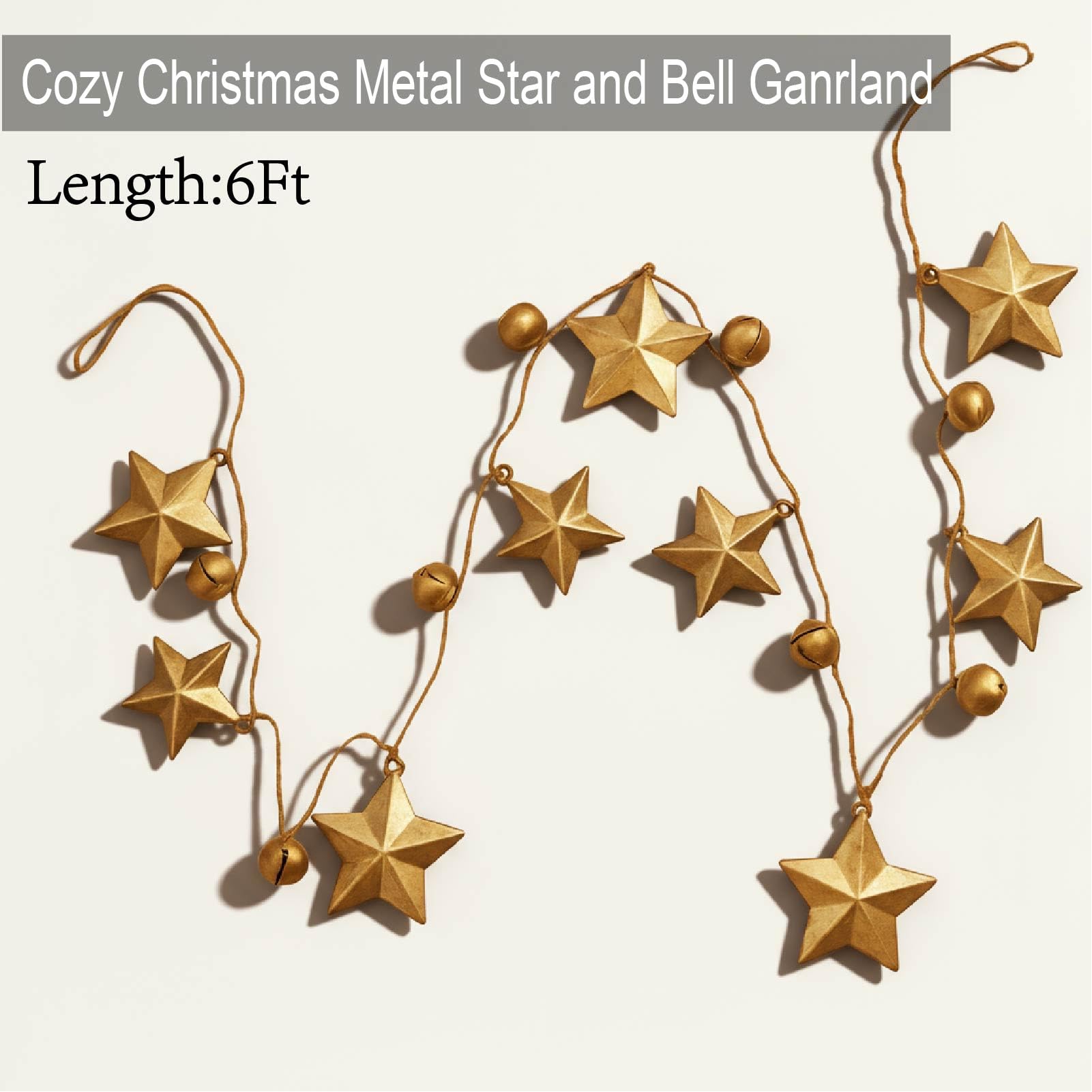 Moxweyeni Rustic Iron Metal Stars Garland 5 ft Antique Star Decor Retro Brass Finish Christmas Holiday Decor for Vintage Country