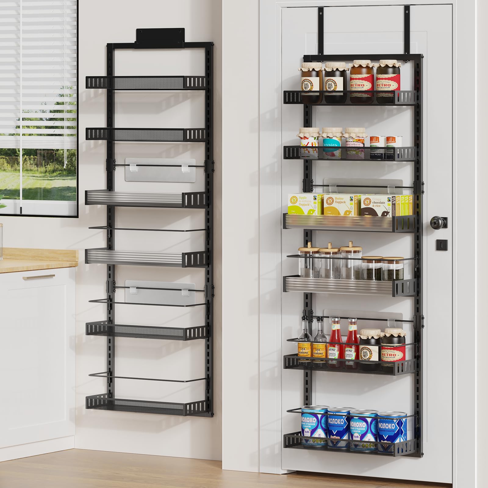Pokipo 6-Tier Over The Door Pantry Organizer, Large Door Spice Rack With Adjustable Metal Baskets, Heavy Duty Hanging Or Wall Mo