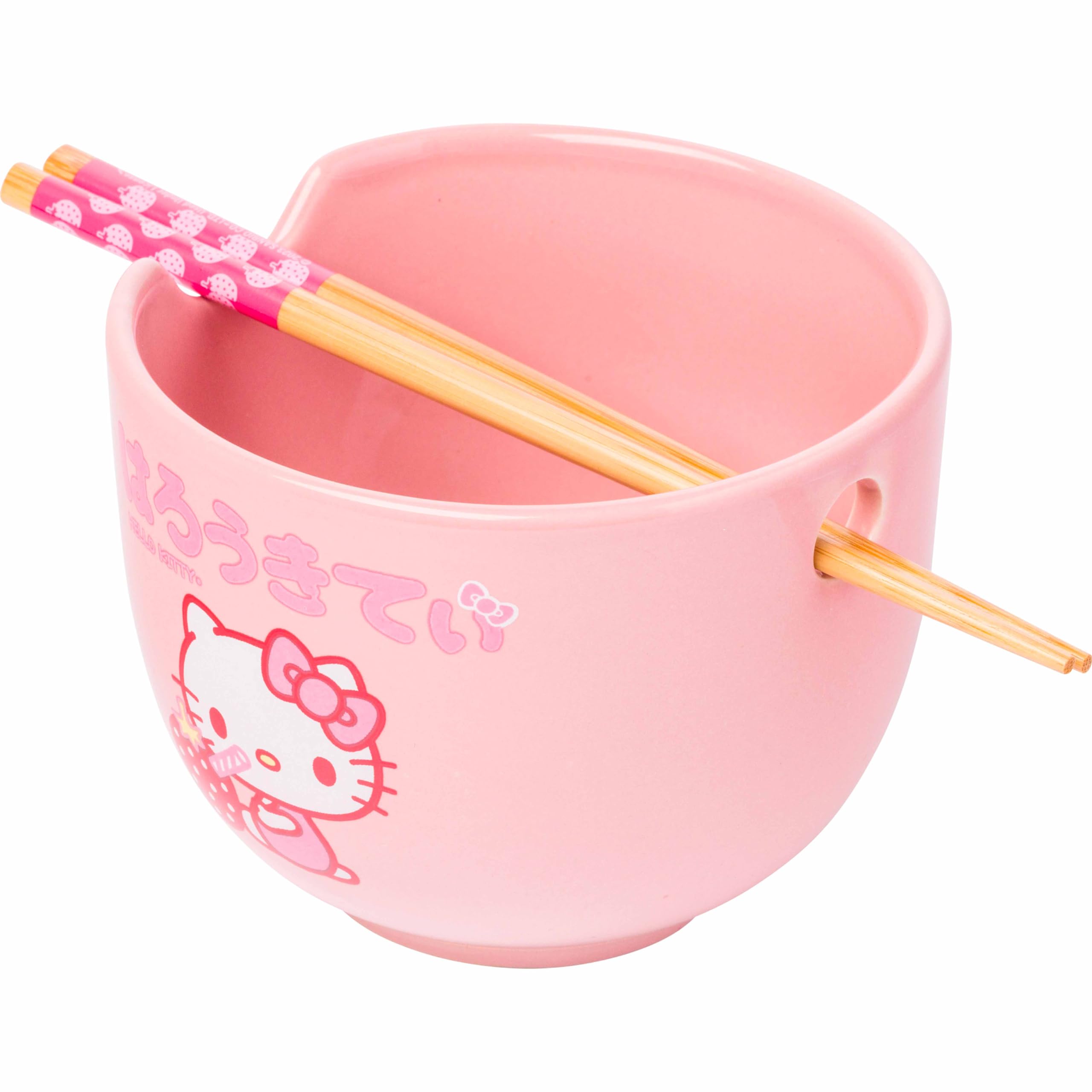 Silver Buffalo Sanrio Hello Kitty Strawberry Milk Japanese Character Ceramic Ramen Noodle Rice Bowl With Chopsticks, Microwave S