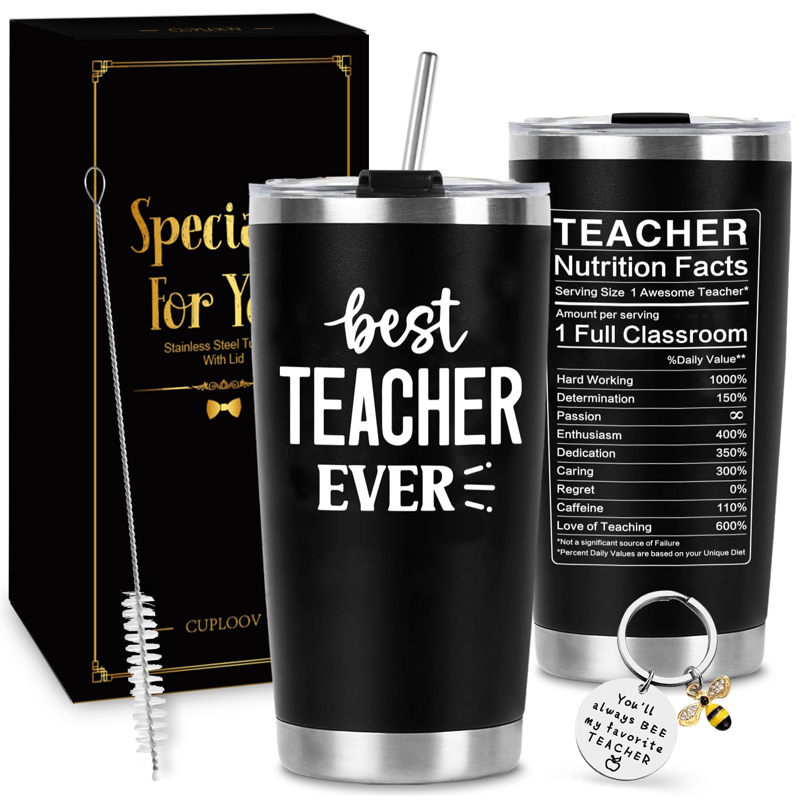 Teacher Appreciation Gifts for Men, 20 Oz Black Stainless Steel Tumbler Cup, Best Thank You Teacher Ever Coffee Cups Gift Set wi