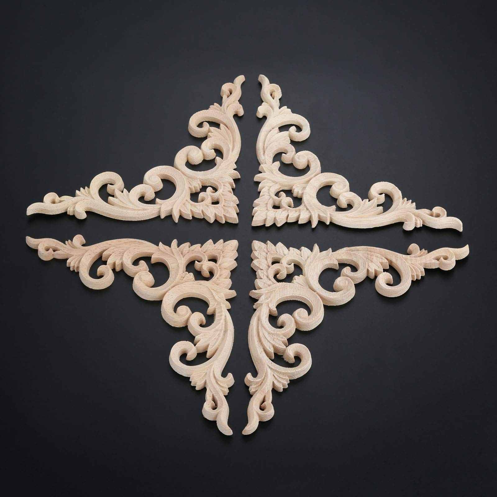 Muxsam 4Pcs Oak Furniture Applique Corner Onlay, 15X15Cm/5.91''X5.91'', Unpainted Hand-Carved Home Decals For Bed Door Wall Cabi