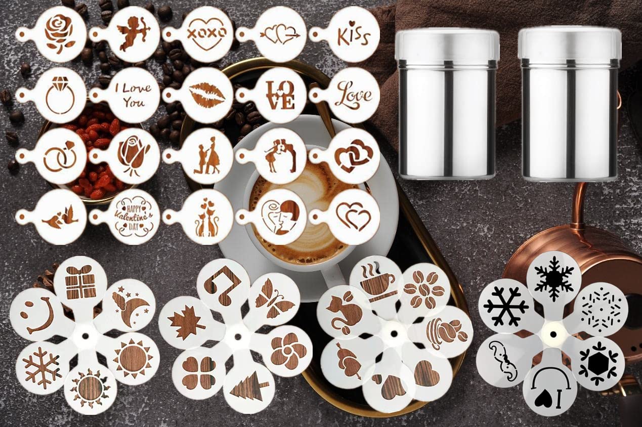 Magnoloran 45 Cookie Stencils + 2 Mesh Powder Shakers, Cake Decoration Templates for Coffee, Cappuccino, Thanksgiving & Christma