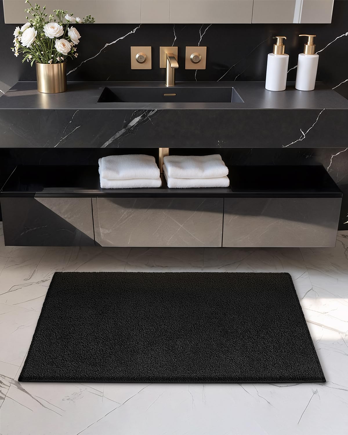 Color G Black Bathroom Rugs - Absorbent  Non Slip  Soft  Washable  Quick Dry  24''x43'' Long Black Bath Mat Bathroom Runner Bathroom Carpet