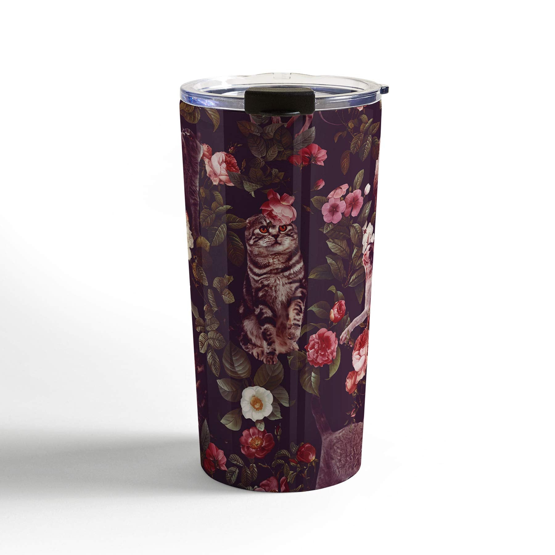 Society6 Burcu Korkmazyurek Cat And Floral Pattern Travel Mug, 20Oz, Cat And Floral
