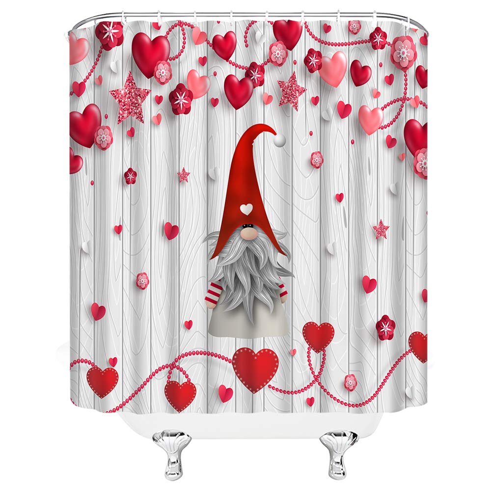 Amhnf Valentine'S Day Shower Curtain Red Pink Heart Cute Gnome Star Gray Vintage Barn Door Wooden Creative Lovely Love Sign For