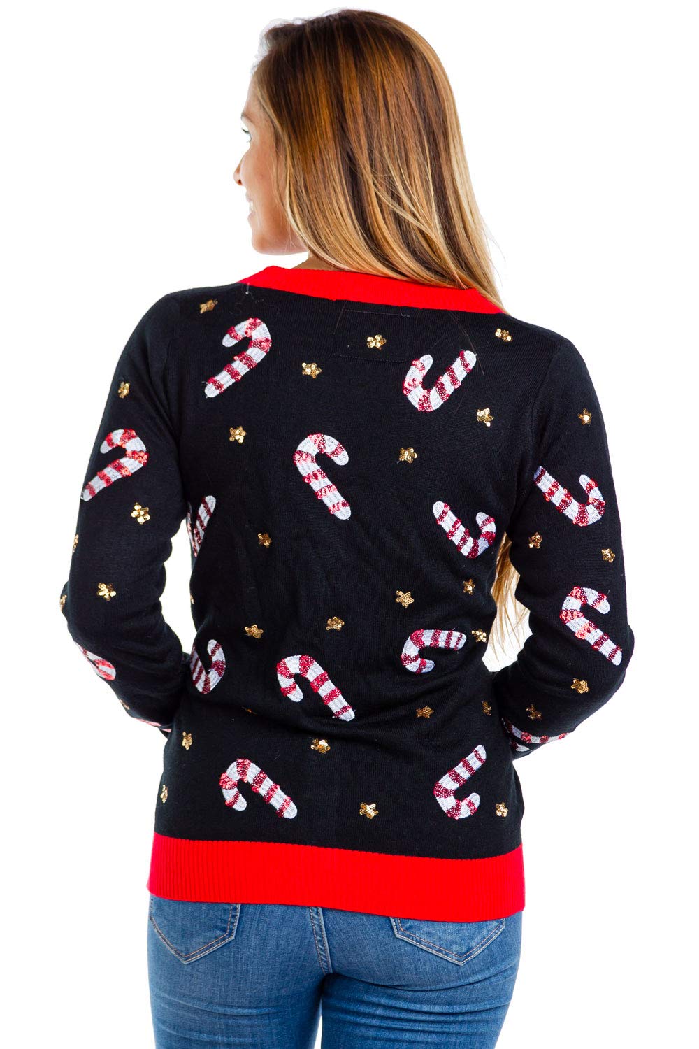 Tipsy Elves Womens Sequin V-Neck Long Sleeve Sweater Candy Cane Lane (Black)
