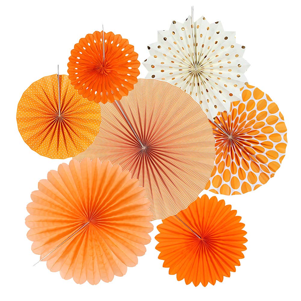 Sunbeauty Pack Of 7 Hanging Paper Fans Collection Orange Paper Fans Home Party Photo Backdrop Decorations