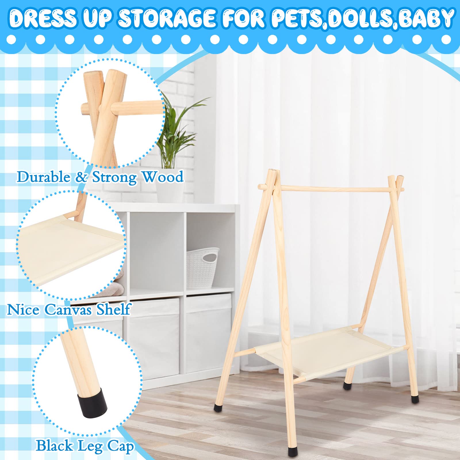 Queekay Kids Clothing Rack, Pine Wooden Clothes Organizer With Storage Shelf, Beige, Large