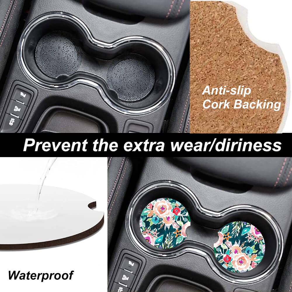 Water Color Floral Absorbent Cup Holders Car Coasters,Ceramic Stone Drinks Coaster Set For Women Man 2.56''(2 Pack)