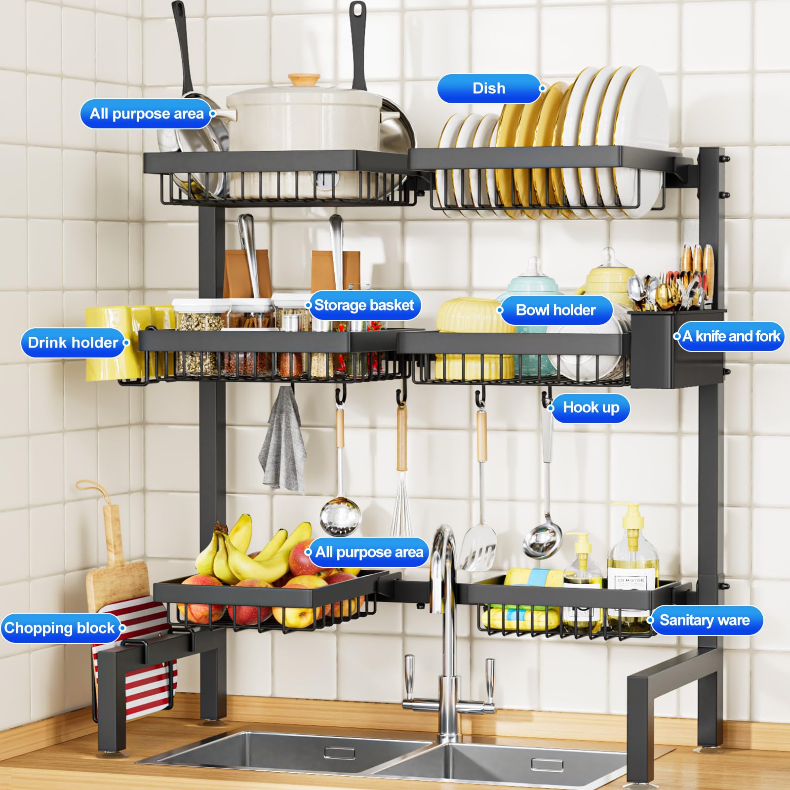 Snslxh 3 Tiers 6 Baskets Dish Drying Rack, 24.8-35.4,Over Sink Dish Drying Rack, 3-Tier Large Sink Rack For Kitchen, Extensi