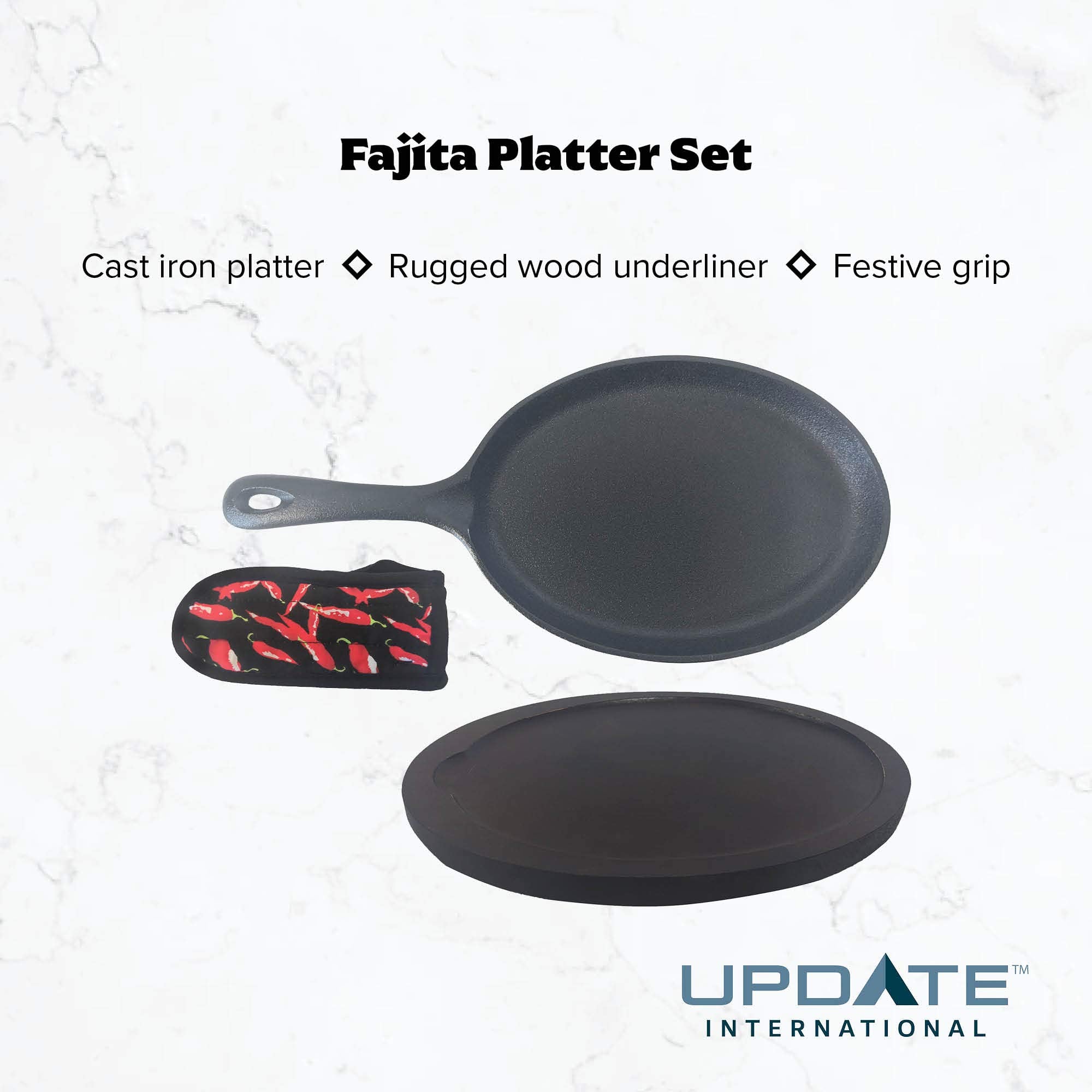 Update International - Mp-9113 (Cizph-15/Set) 15'' Cast Iron Fajita Set [Includes Wood Underliner],Black