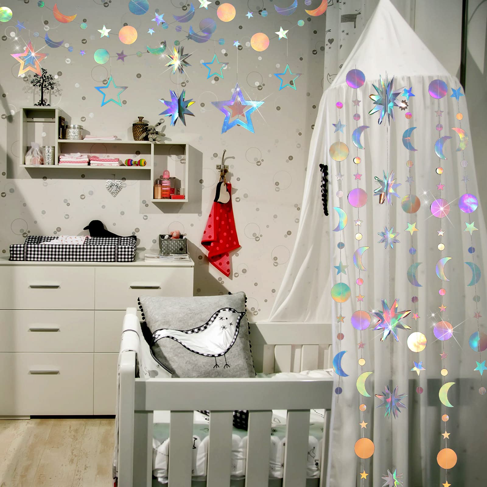 7 Pcs Iridescent Moon Star Garland Streamer, Bling Bling 3D Twinkle Little Stars Hanging Decor Backdrop For Baby Shower Birthday
