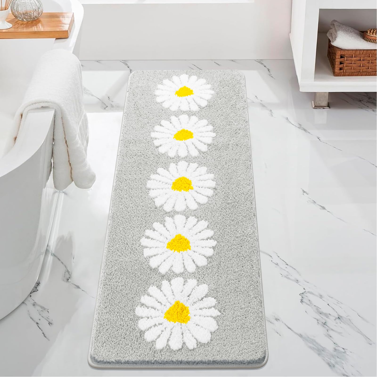Sunhop Grey Bathroom Runner Rug, Cute Flower Long Bathroom Rugs, Extra Soft Absorbent Non-Slip Bath Rug, Bath Mats For Bathroom