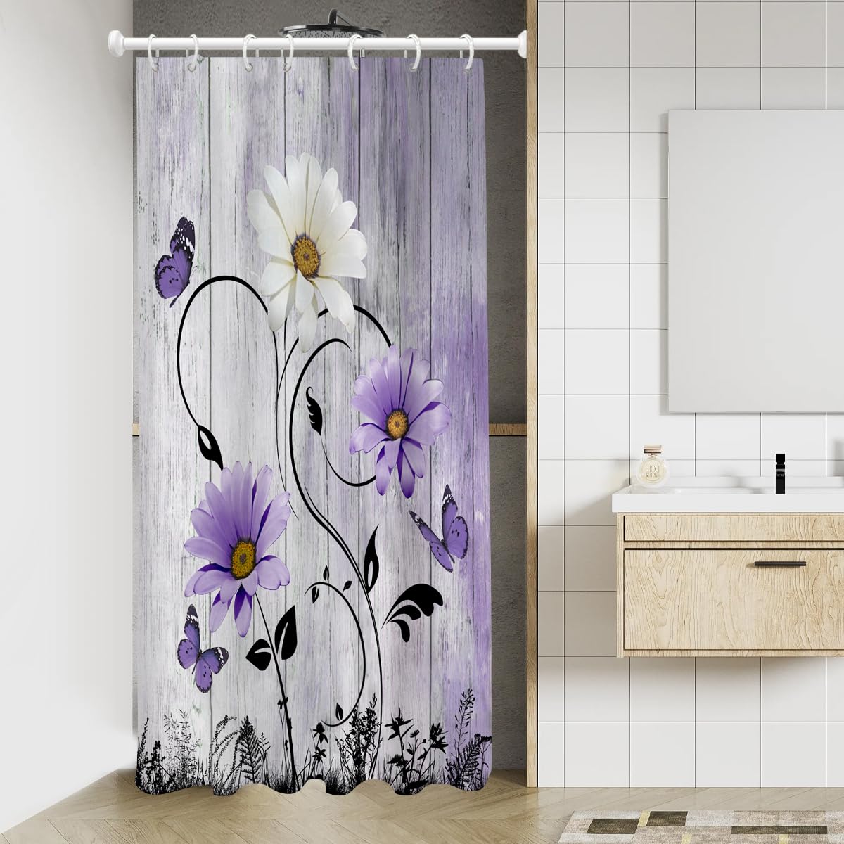 Aatter Purple Floral Shower Curtain Rustic Flowers Butterfly Daisy Stall Small Single Walk In Half Size Dorm Standing Narrow Sta