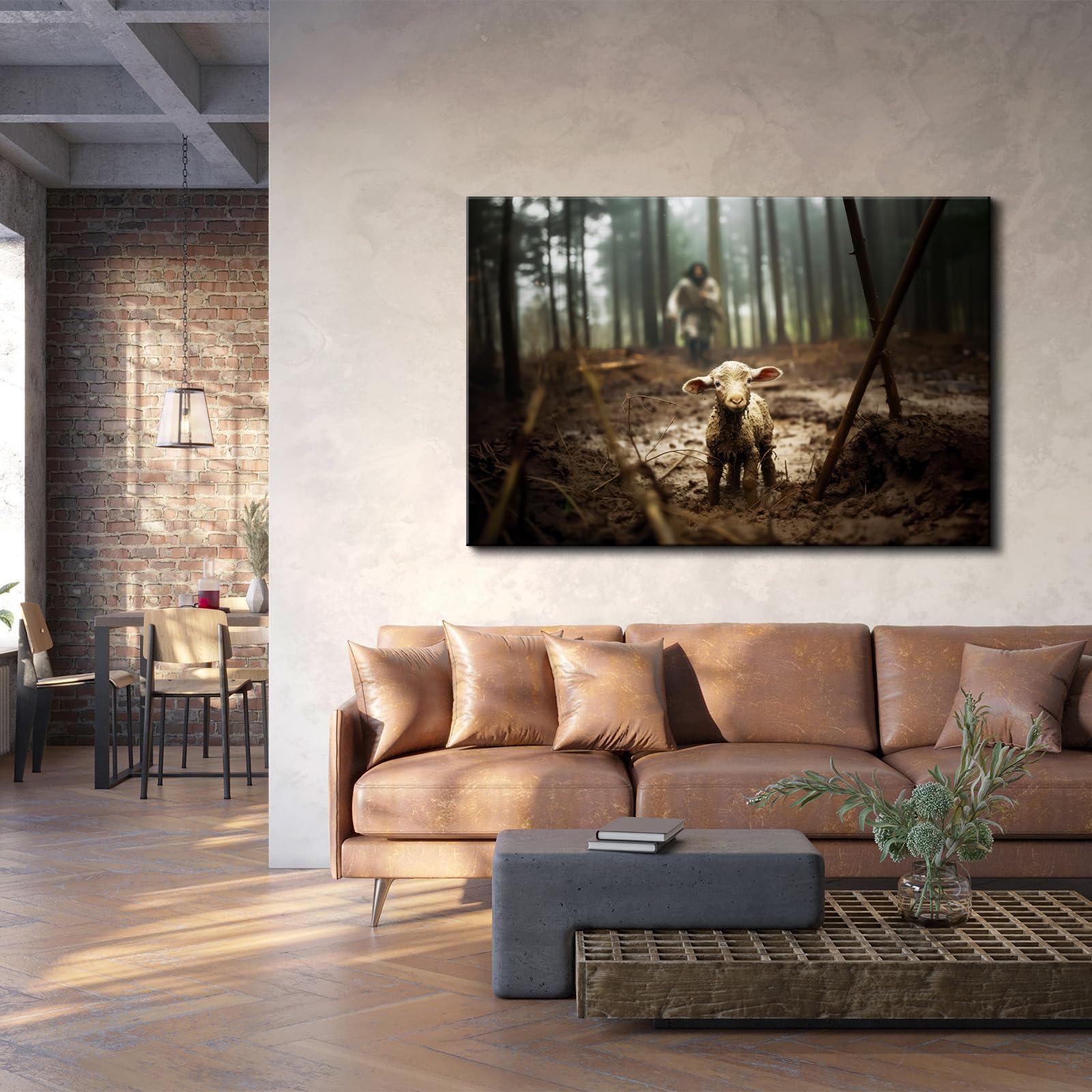 Yonica Jesus And Lamb Canvas Wall Art Jesus Running After Lost Lamb Picture Wall Art Canvas Print Christian Home Decor 28X40 Inc