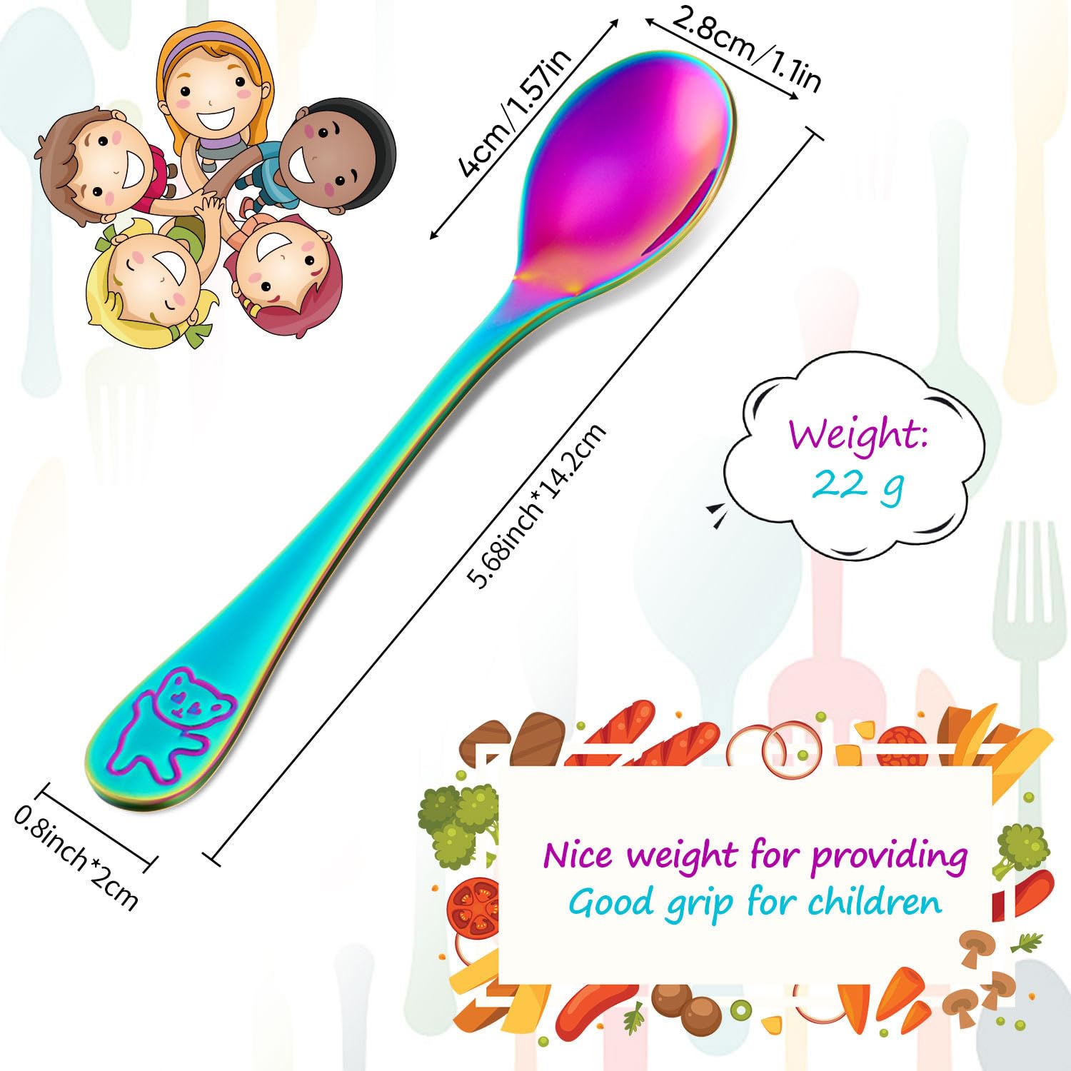 Boao 6 Pieces Rainbow Kids Spoons Stainless Steel Rainbow Kids Cutlery Kids Silverware Kids Utensil Child and Toddler Safe Flatw