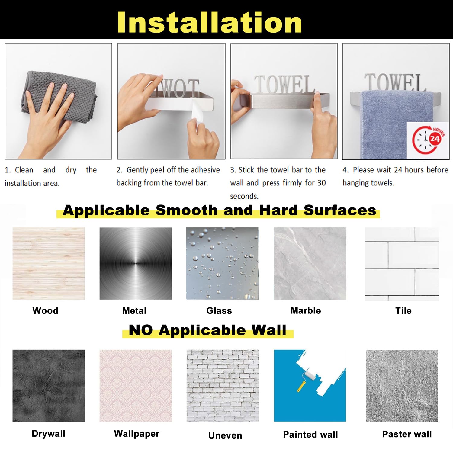 Winmien Stainless Steel Hand Towel Holder/Bar, Classic Self Adhesive Towel Rack, Modern Stylish Design For Bathroom/Kitchen, No